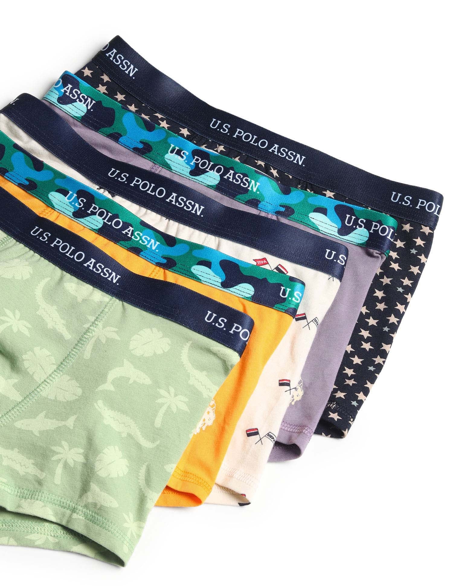 Boys Mid Rise Cotton Spandex Trunks - Pack Of 5 Green, White, Navy, Purple and Orange - U.S. POLO ASSN. | Large