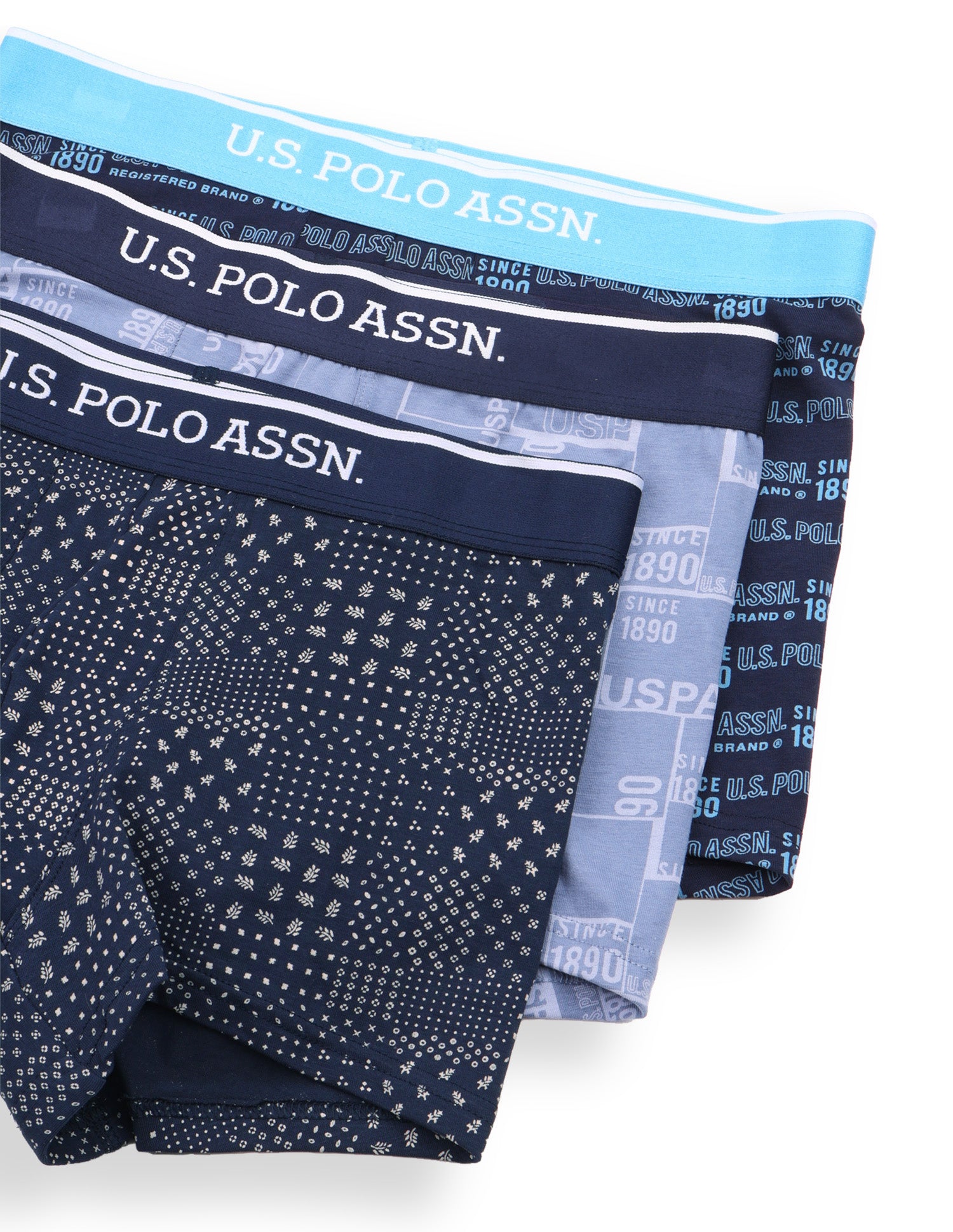 Mid Rise Printed OET24 Trunks - Pack Of 3 Blue, Navy, Light Blue - U.S. Polo Assn. India | Large