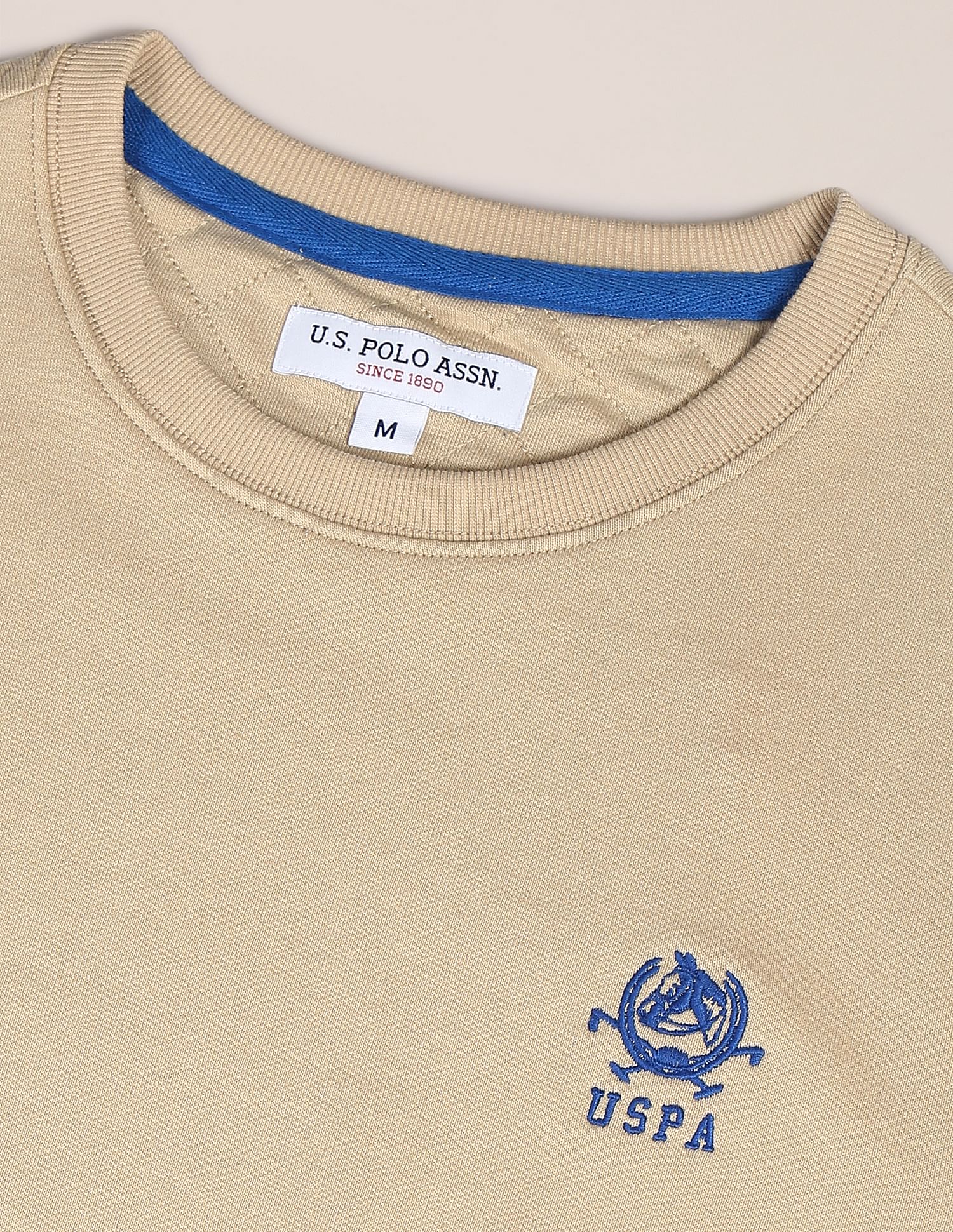Men Beige Logo Embroidered Crew Neck Sweatshirt Beige - U.S. Polo Assn. India | Large