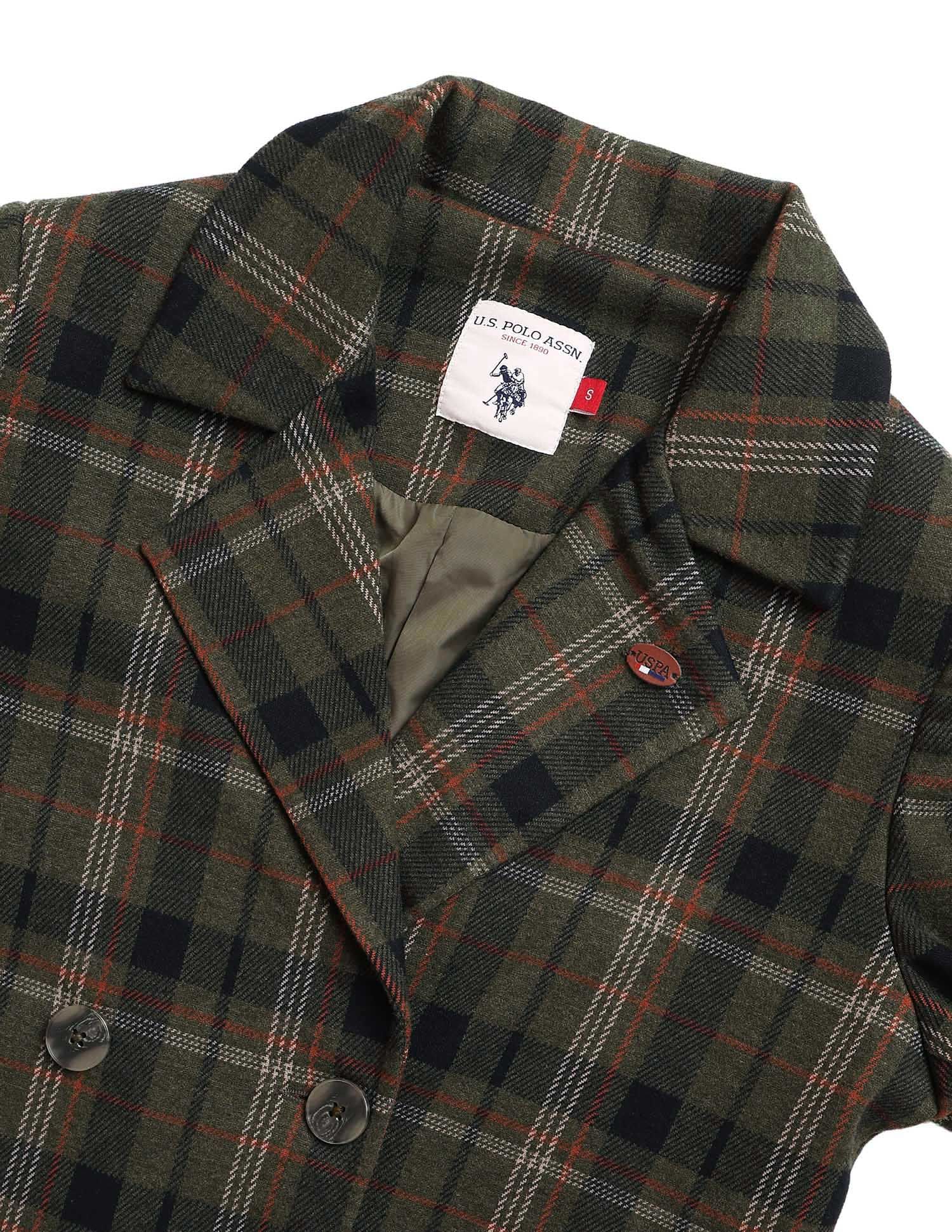 Checked Regular Fit Notch Lapel Overcoat Green - U.S. POLO ASSN. | Large