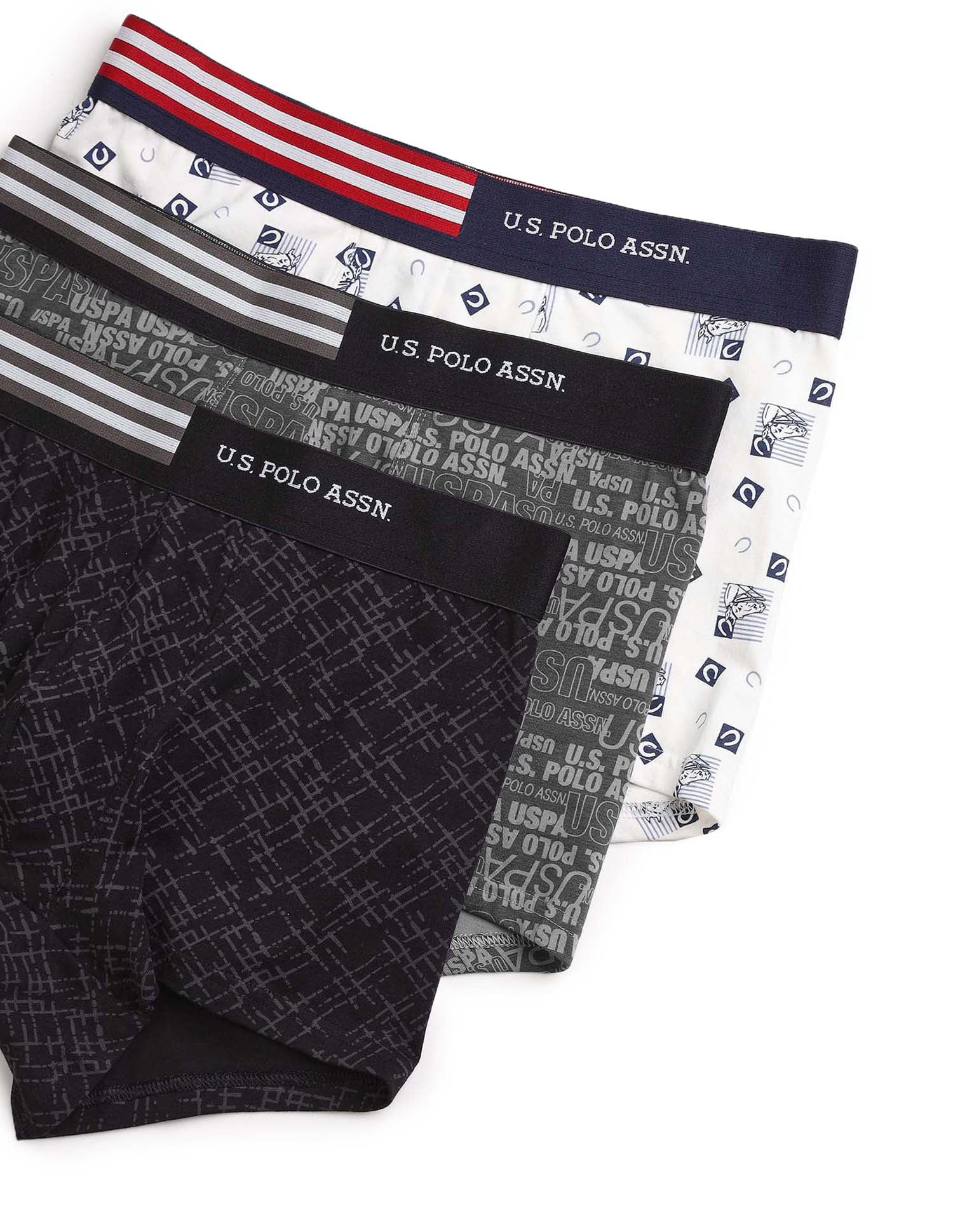 Printed Low Rise OET20 Trunks - Pack Of 3 Ivory, Asphalight and Uspa Black - U.S. Polo Assn. India | Large