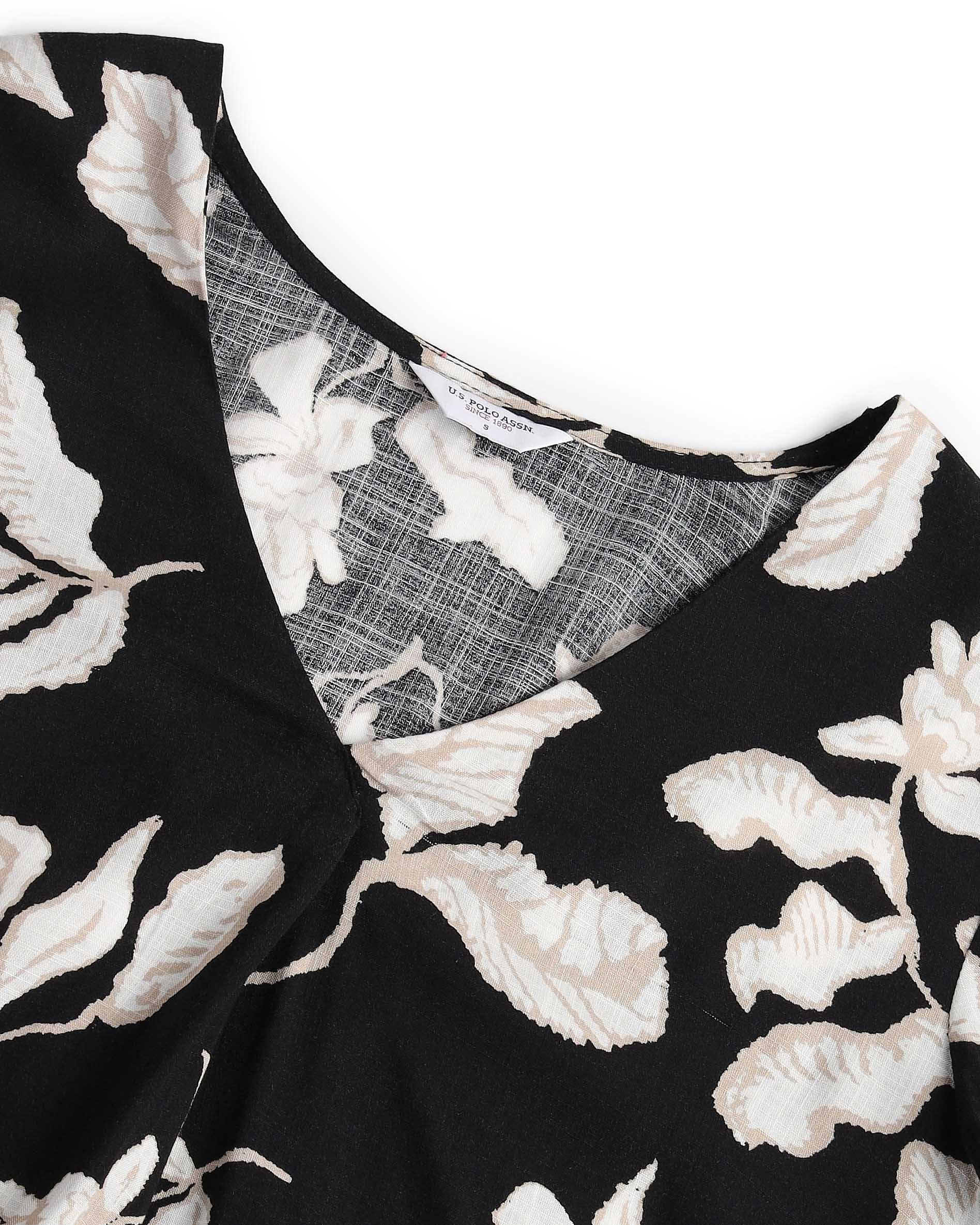 V-Neck Floral Print Top Black - U.S. POLO ASSN. | Large