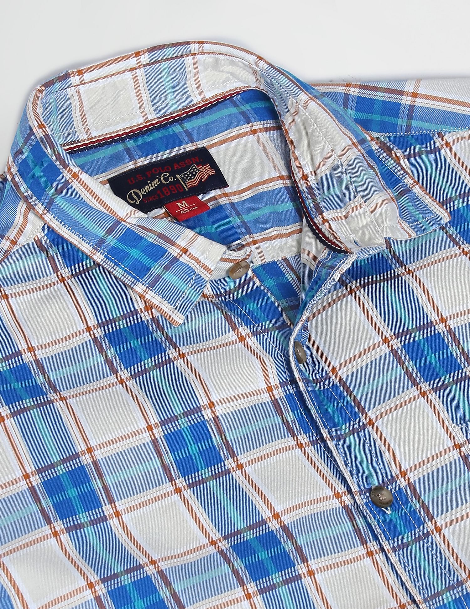 Men Beige And Blue Twill Weave Plaid Check Casual Shirt Beige and Blue - U.S. POLO ASSN. | Large