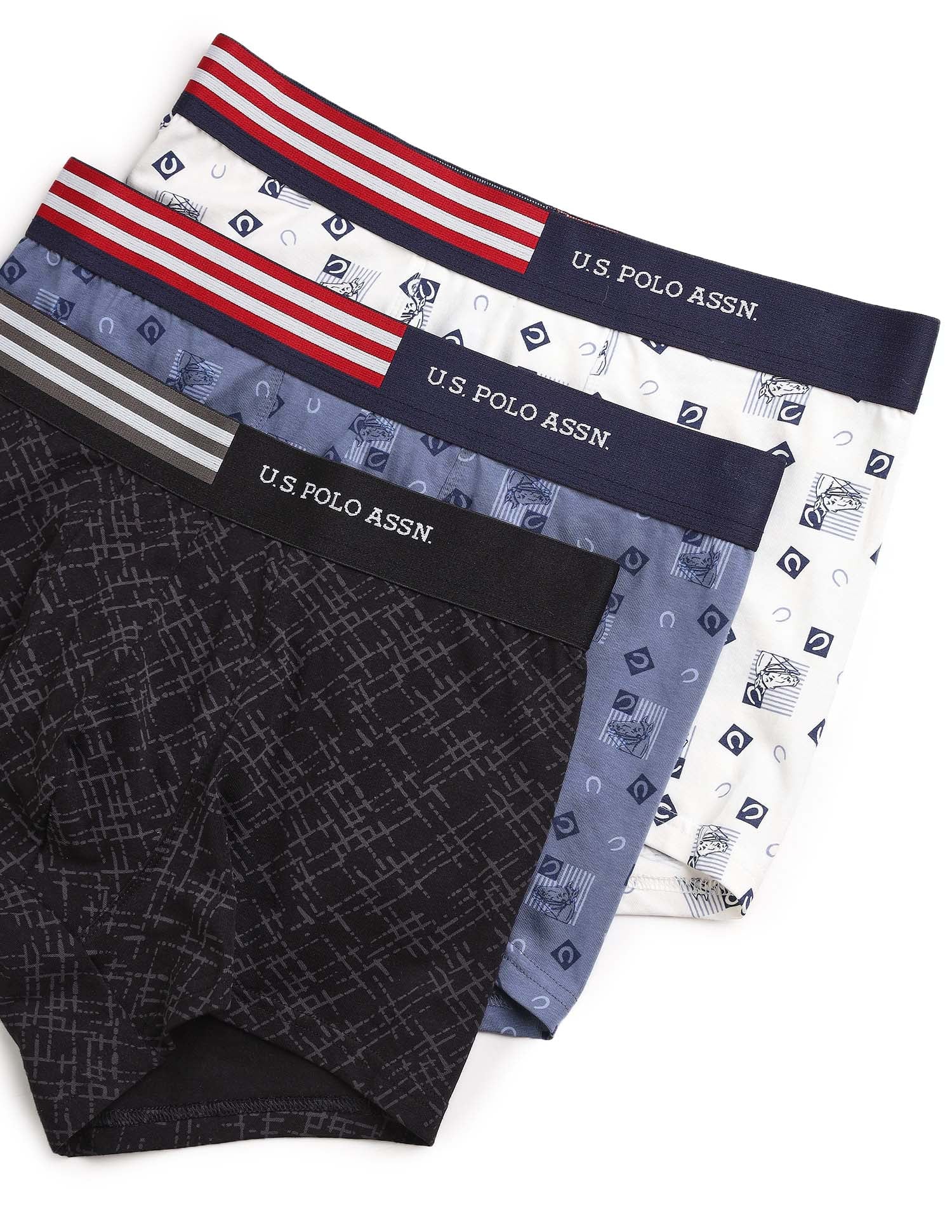 Printed Low Rise OET20 Trunks - Pack Of 3 Burning Sea, Ivory and Uspa Black - U.S. Polo Assn. India | Large