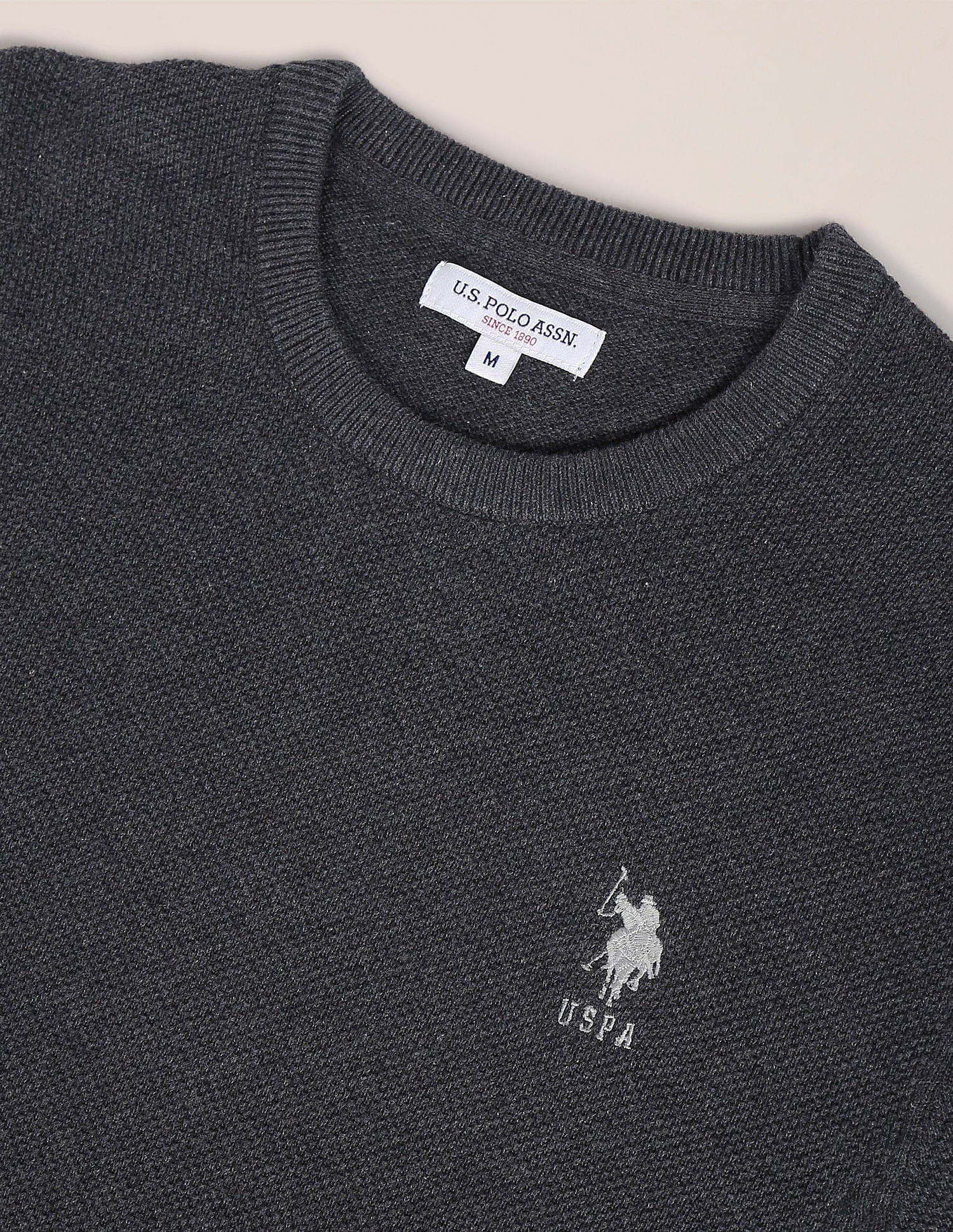 Crew Neck Striped Sleeve Textured Cotton Sweater Charcoal - U.S. Polo Assn. India | Large