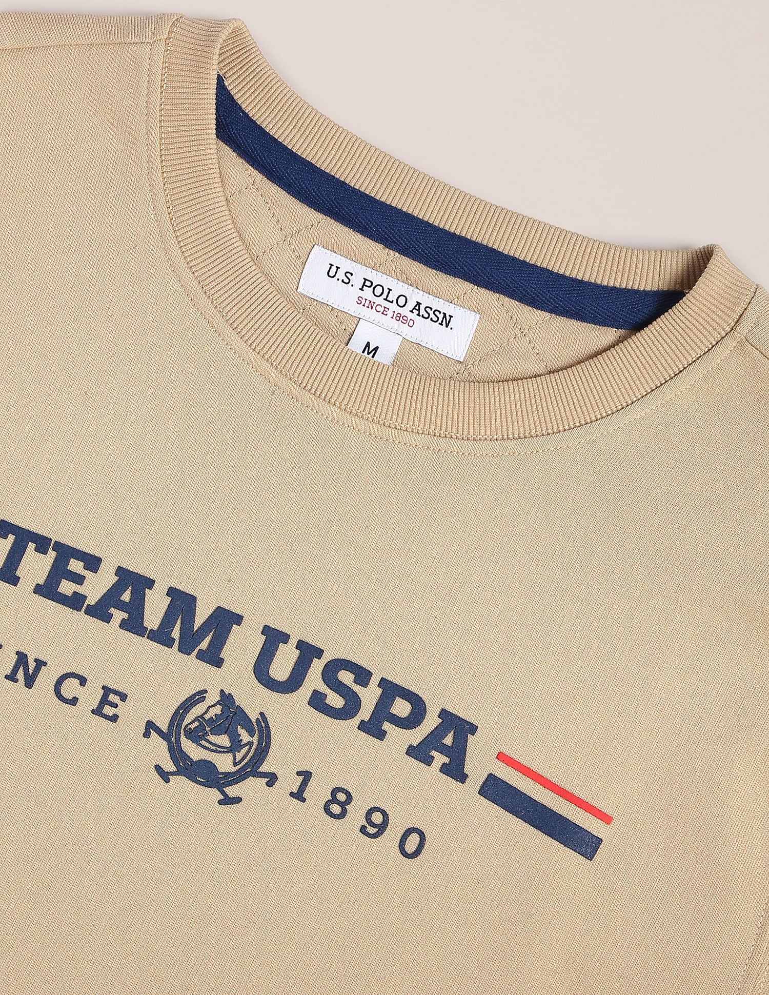 Men Beige Solid Ribbed Neck Sweatshirt Beige - U.S. POLO ASSN. | Large