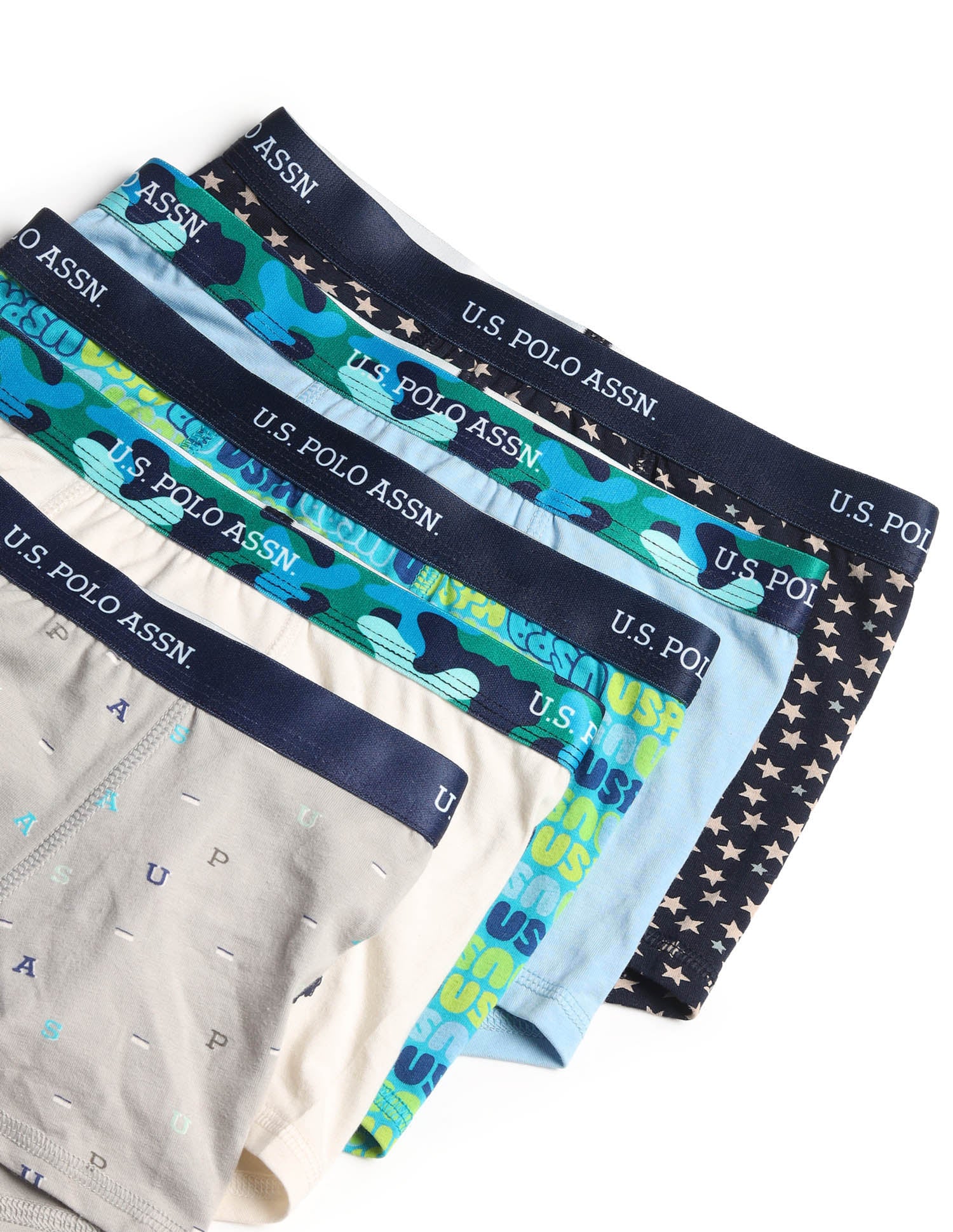 Boys Mid Rise Cotton Spandex Trunks - Pack Of 5 Blue, Navy, Grey, White and Blue - U.S. POLO ASSN. | Large