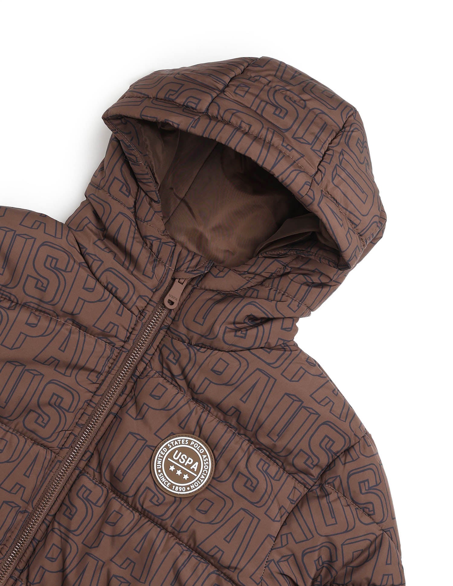 Boys Brand Printed Puffer Jacket Brown - U.S. Polo Assn. India | Large