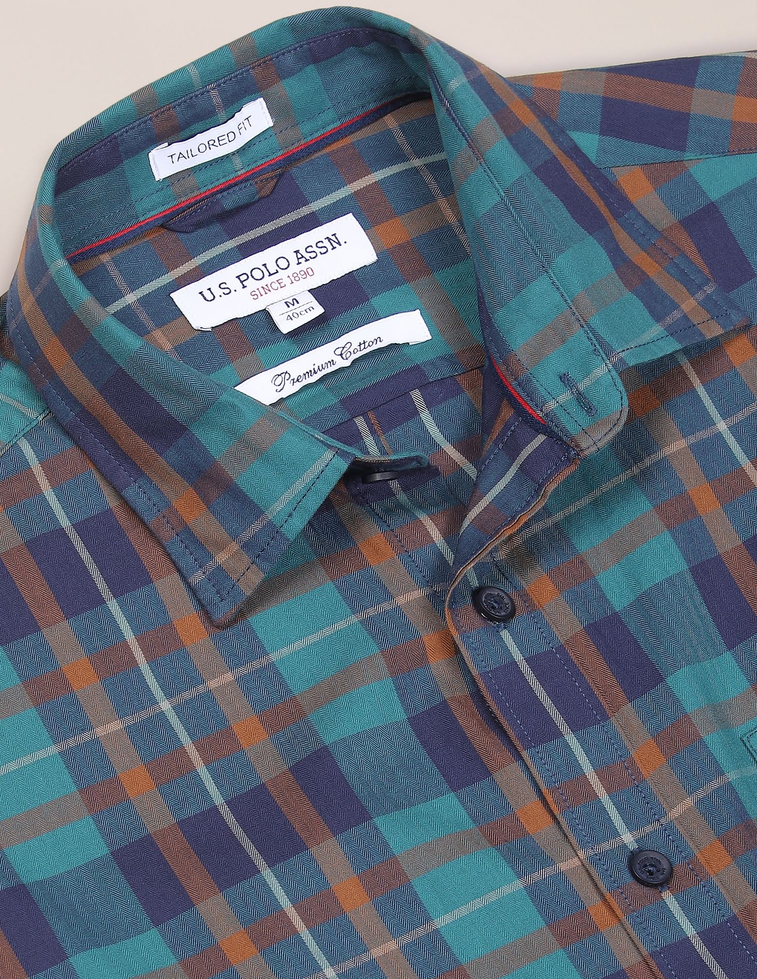 Men Teal Premium Cotton Madras Check Casual Shirt Teal - U.S. Polo Assn. India | Large