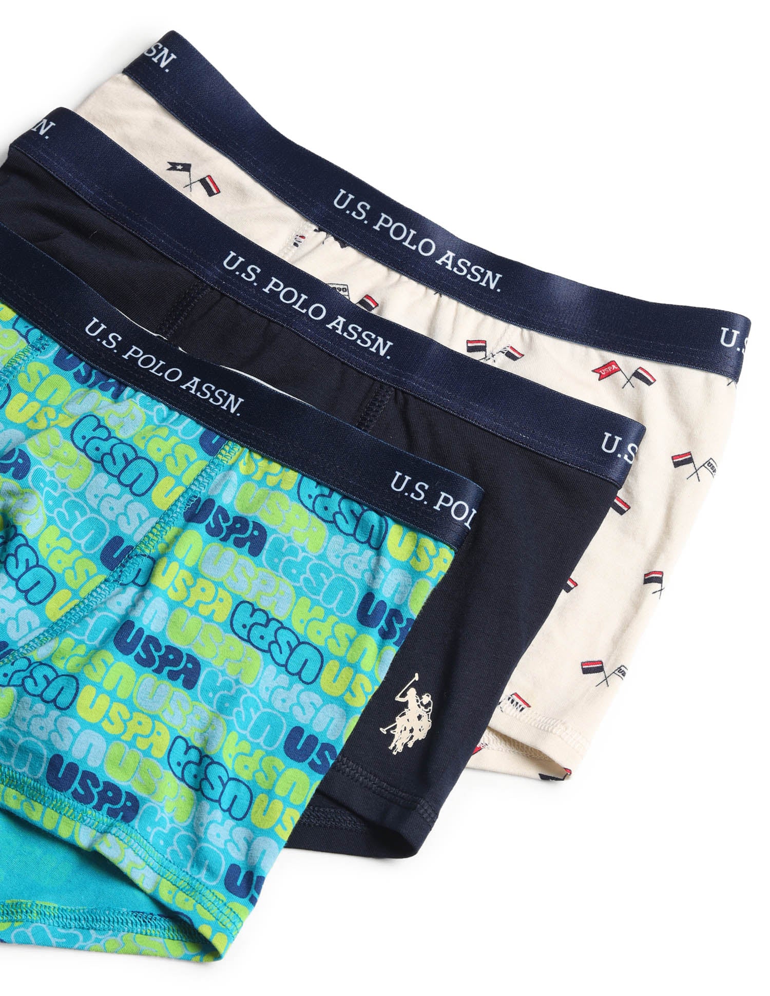 Boys Mid Rise Cotton Spandex Trunks - Pack Of 3 Blue, White and Navy - U.S. POLO ASSN. | Large