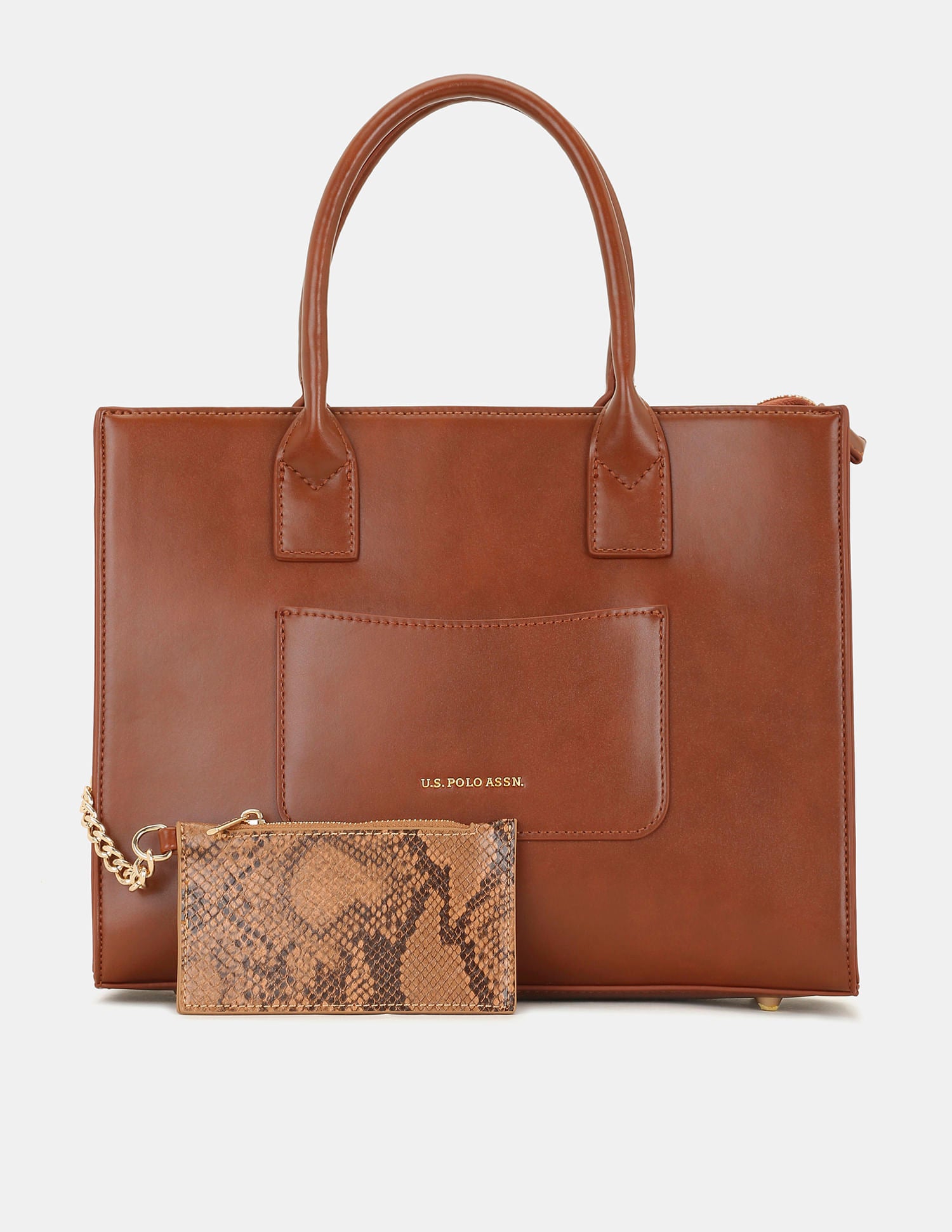 Women Bonnie Satchel Bag with Chain Card Holder Tan - U.S. POLO ASSN. | Large