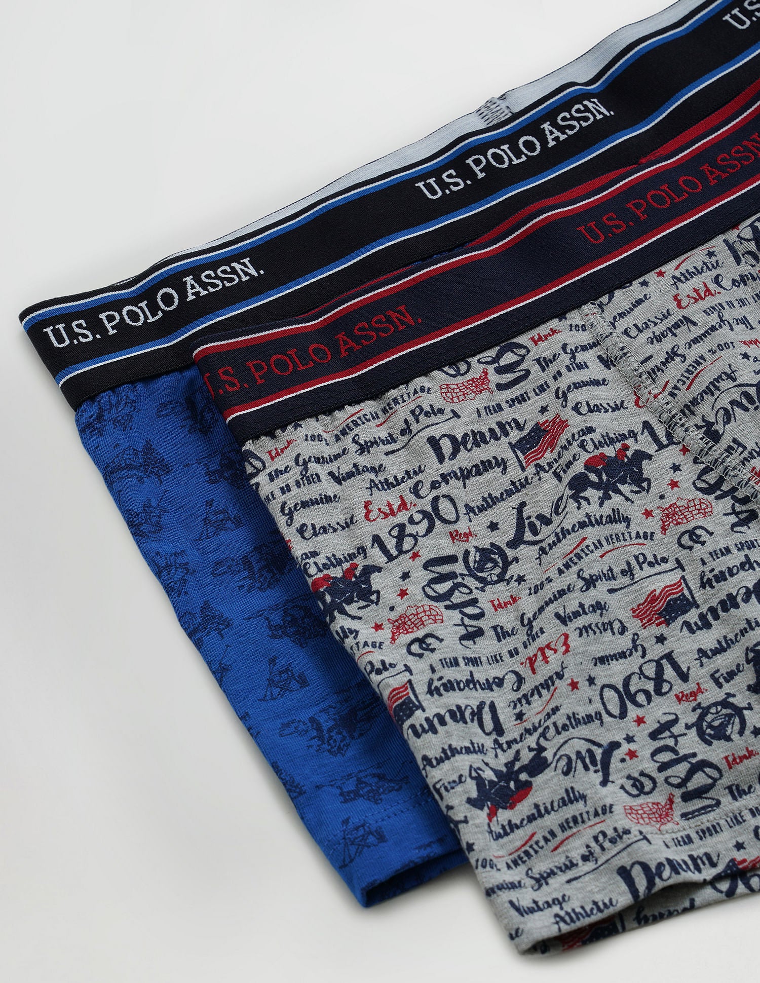 All Over Print Cotton Spandex I616 Trunks - Pack Of 2 Grey and Blue - U.S. POLO ASSN. | Large