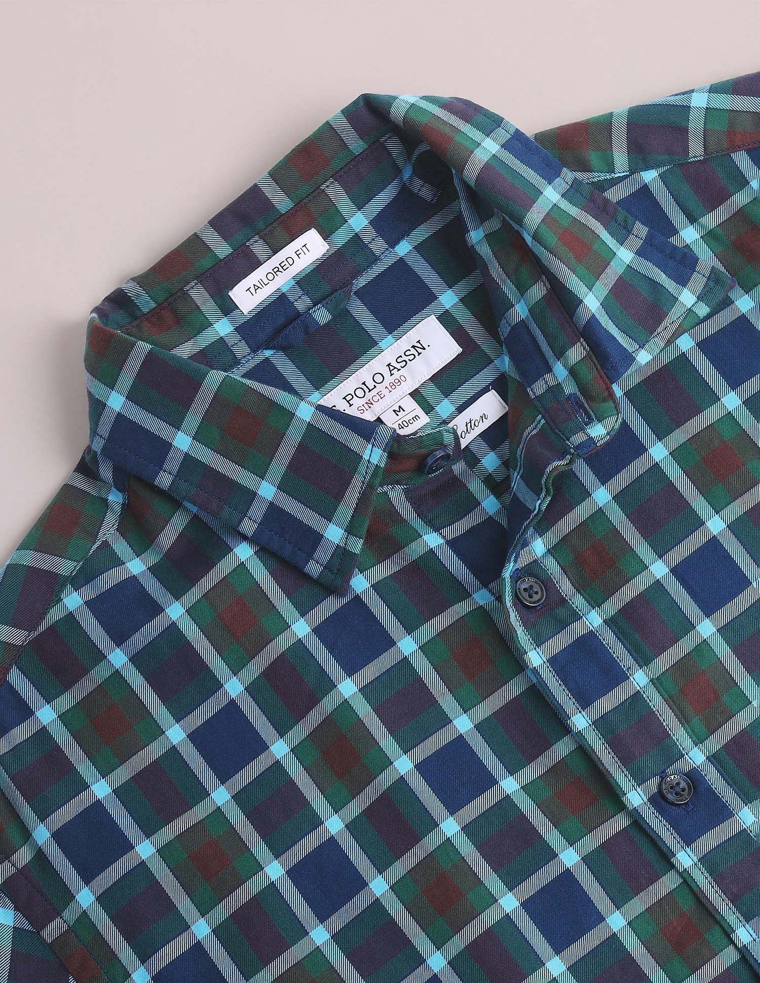 Tartan Check Twill Shirt Green and Blue - U.S. Polo Assn. India | Large
