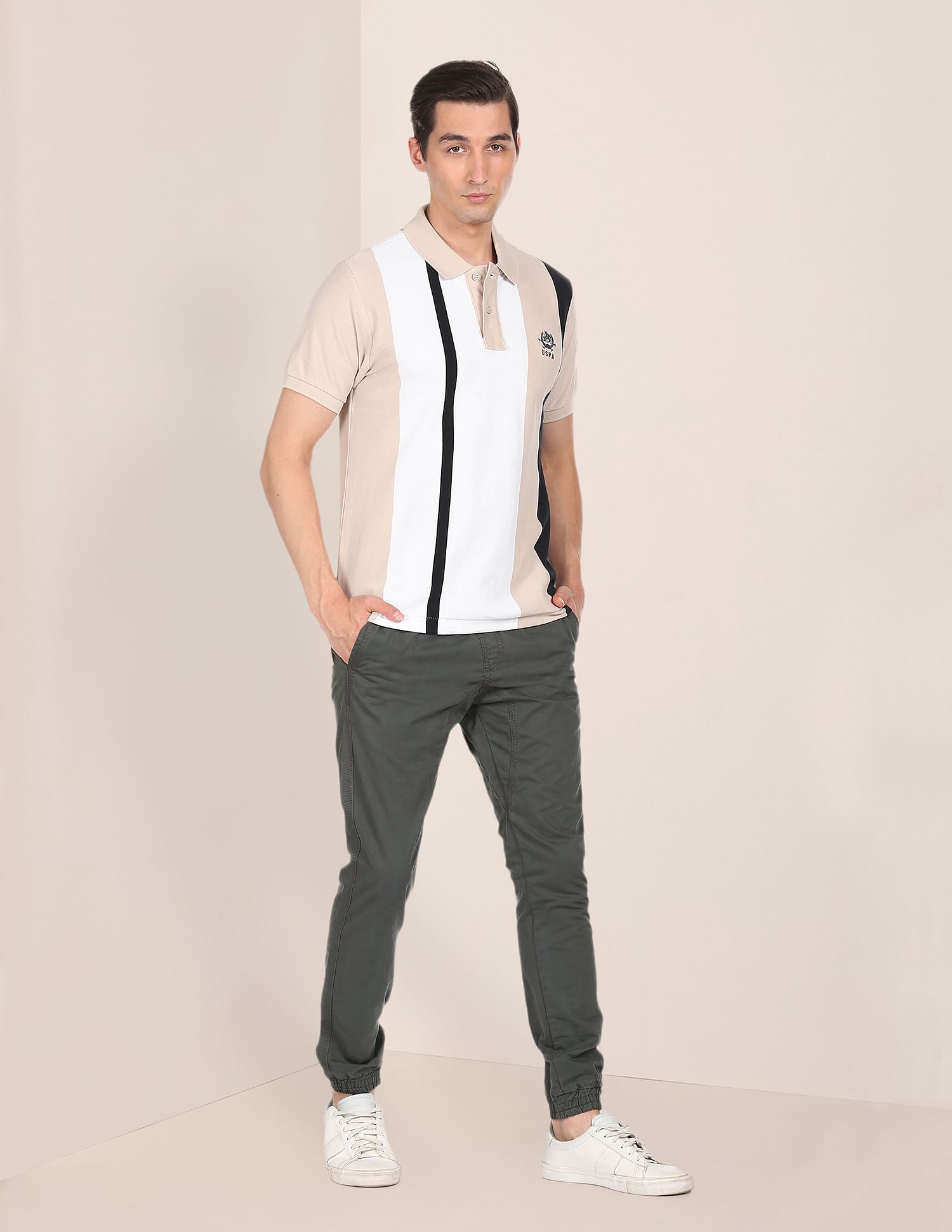 Ribbed Collar Striped Polo Shirt Beige - U.S. POLO ASSN. | Large