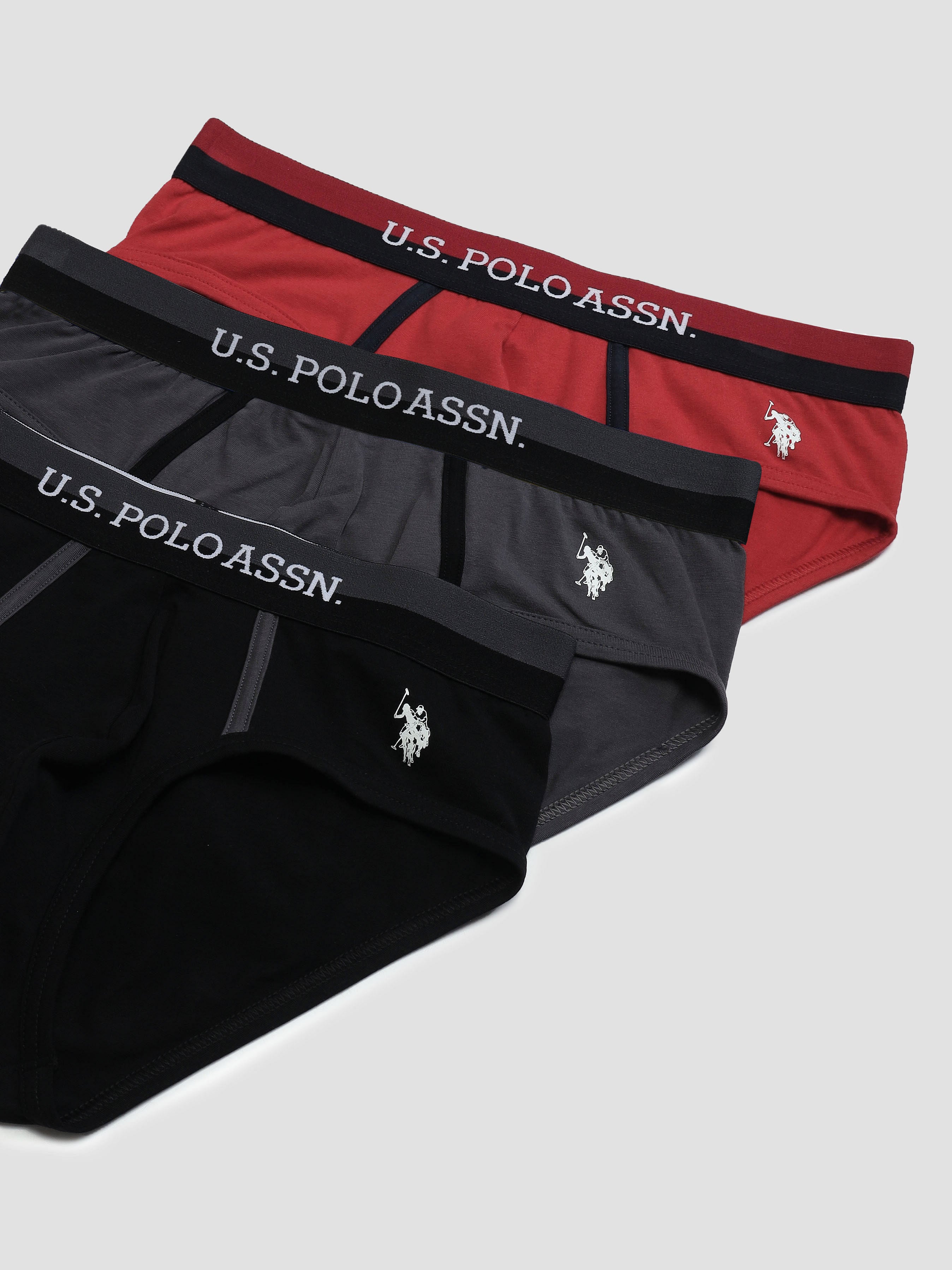 Dual Tone Cotton Stretch OET07 Briefs - Pack Of 3 Black, Grey and Red - U.S. POLO ASSN. | Large