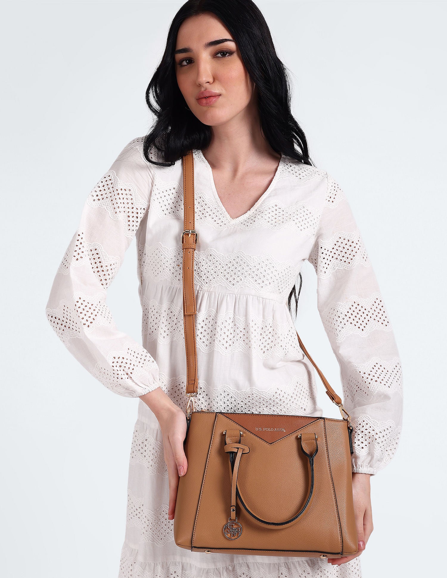 Contrast Panel Structured Handbag Beige - U.S. POLO ASSN. | Large