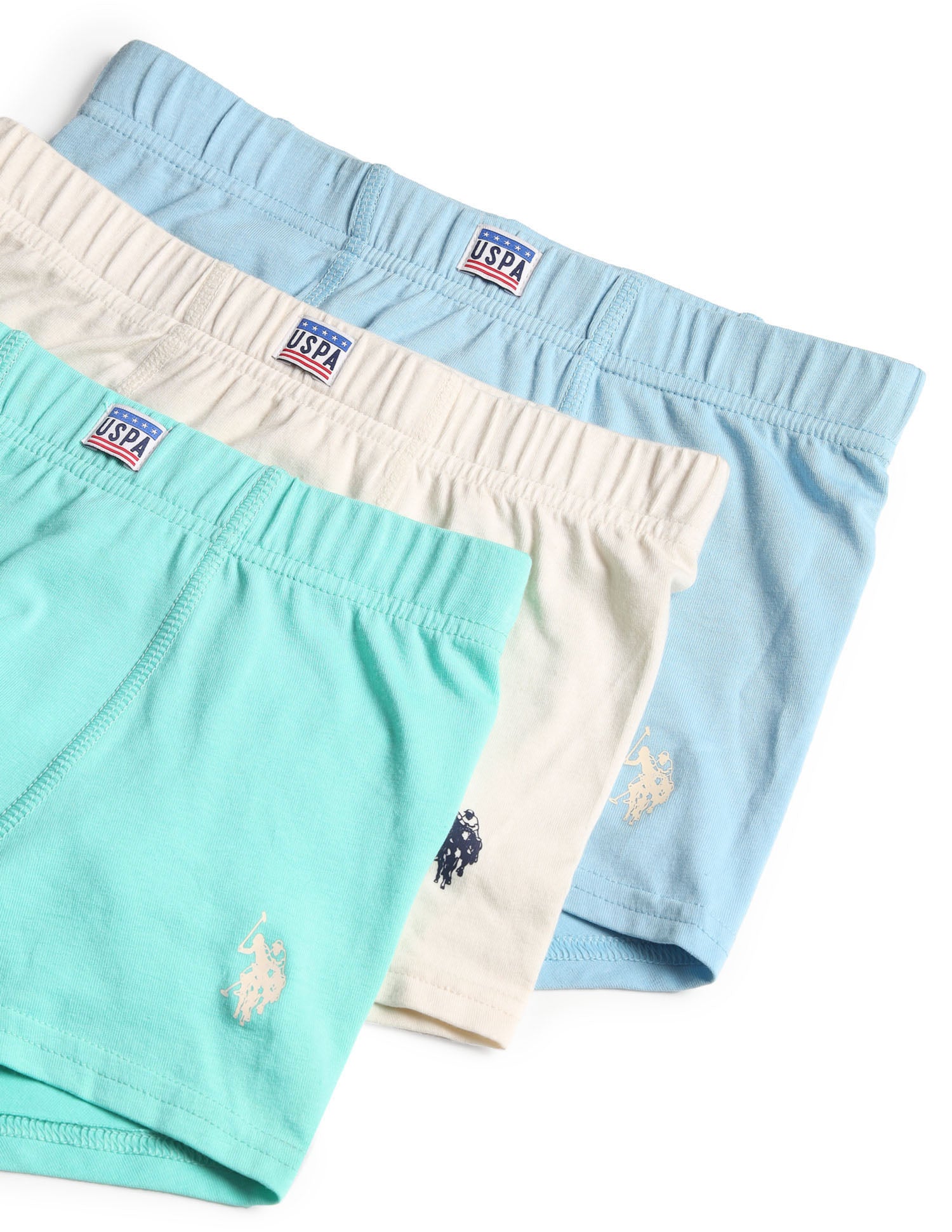 Boys Cotton Spandex Solid Trunks - Pack Of 3 Blue, Green and White - U.S. POLO ASSN. | Large