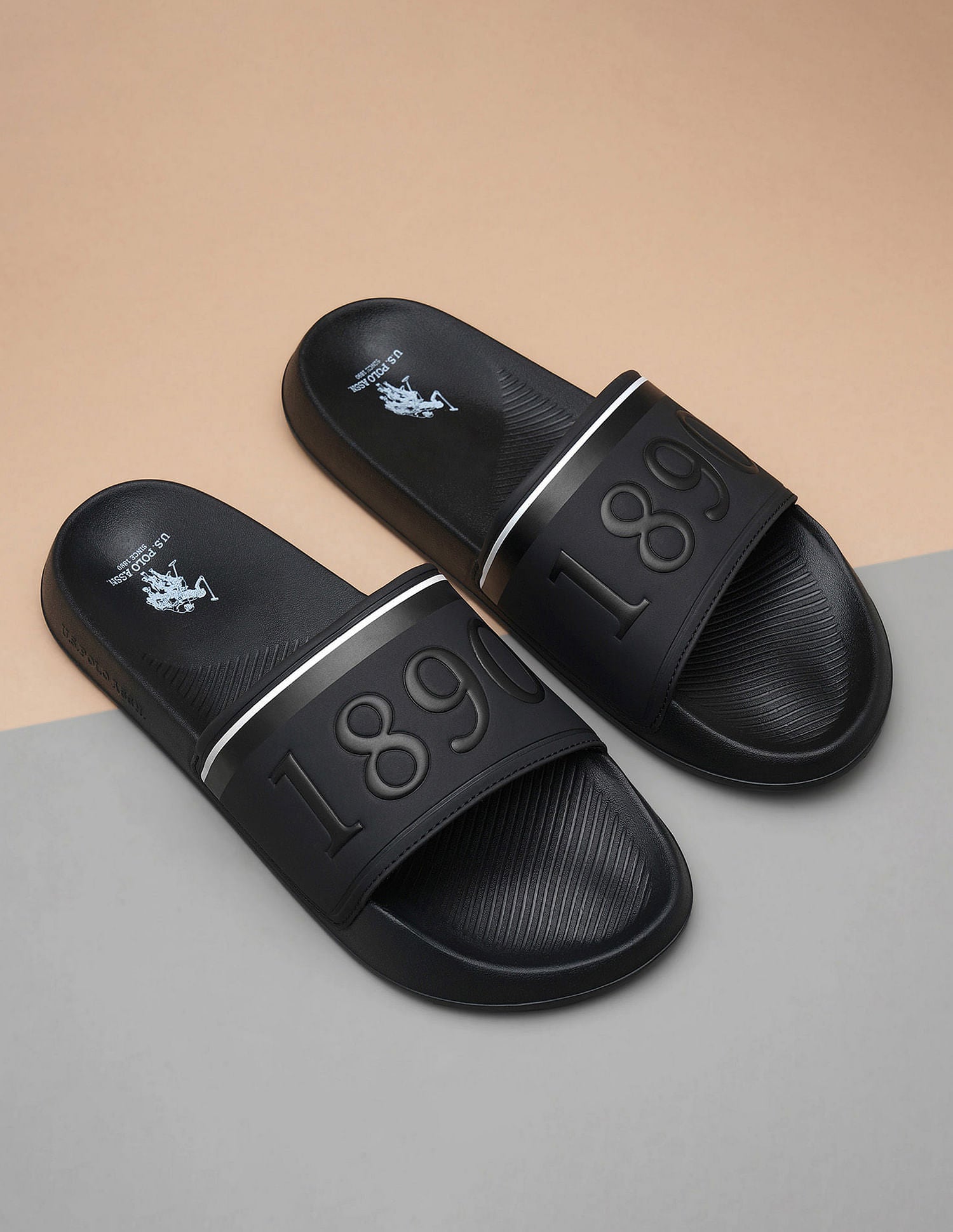 Men Brand Print Open Toe Raffer 7.0 Slides Black - U.S. Polo Assn. India | Large