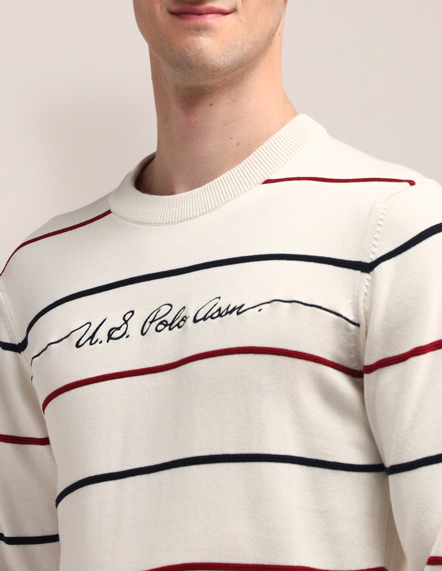 Crew Neck Horizontal Striped Sweater Off White - U.S. POLO ASSN. | Large