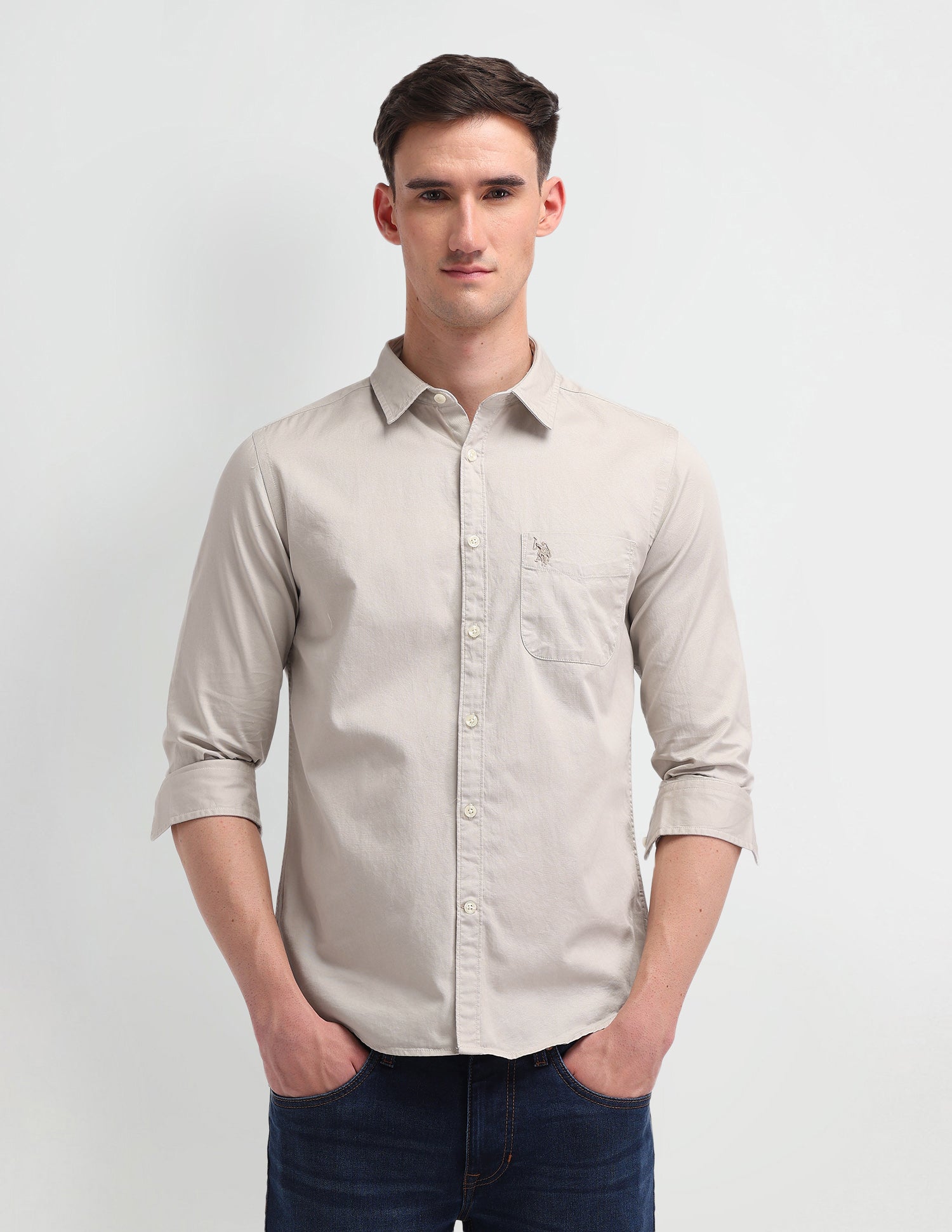 Slim Fit Cotton Shirt Beige - U.S. Polo Assn. India | Large