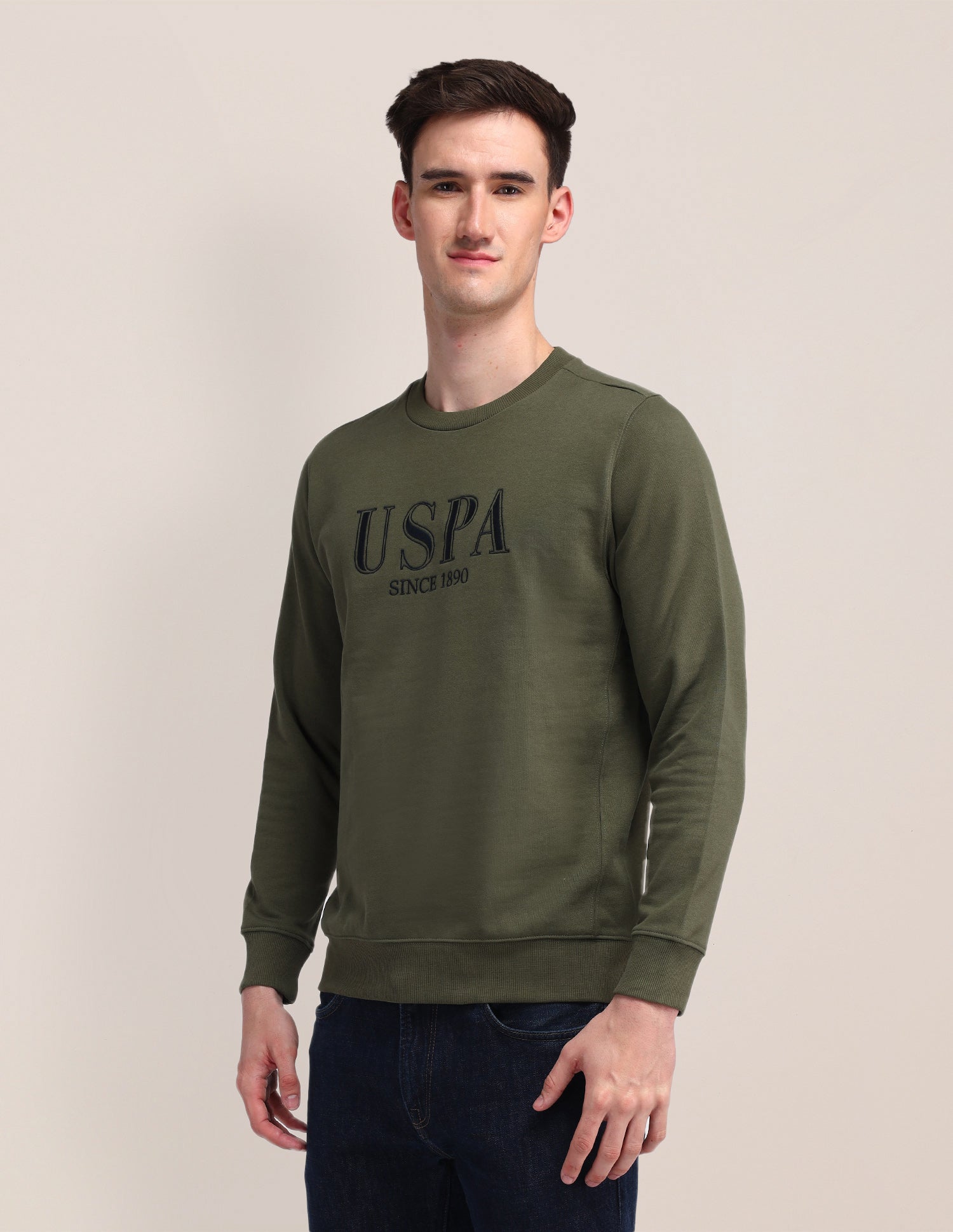 Crew Neck Brand Printed Sweatshirt Olive - U.S. Polo Assn. India | Large