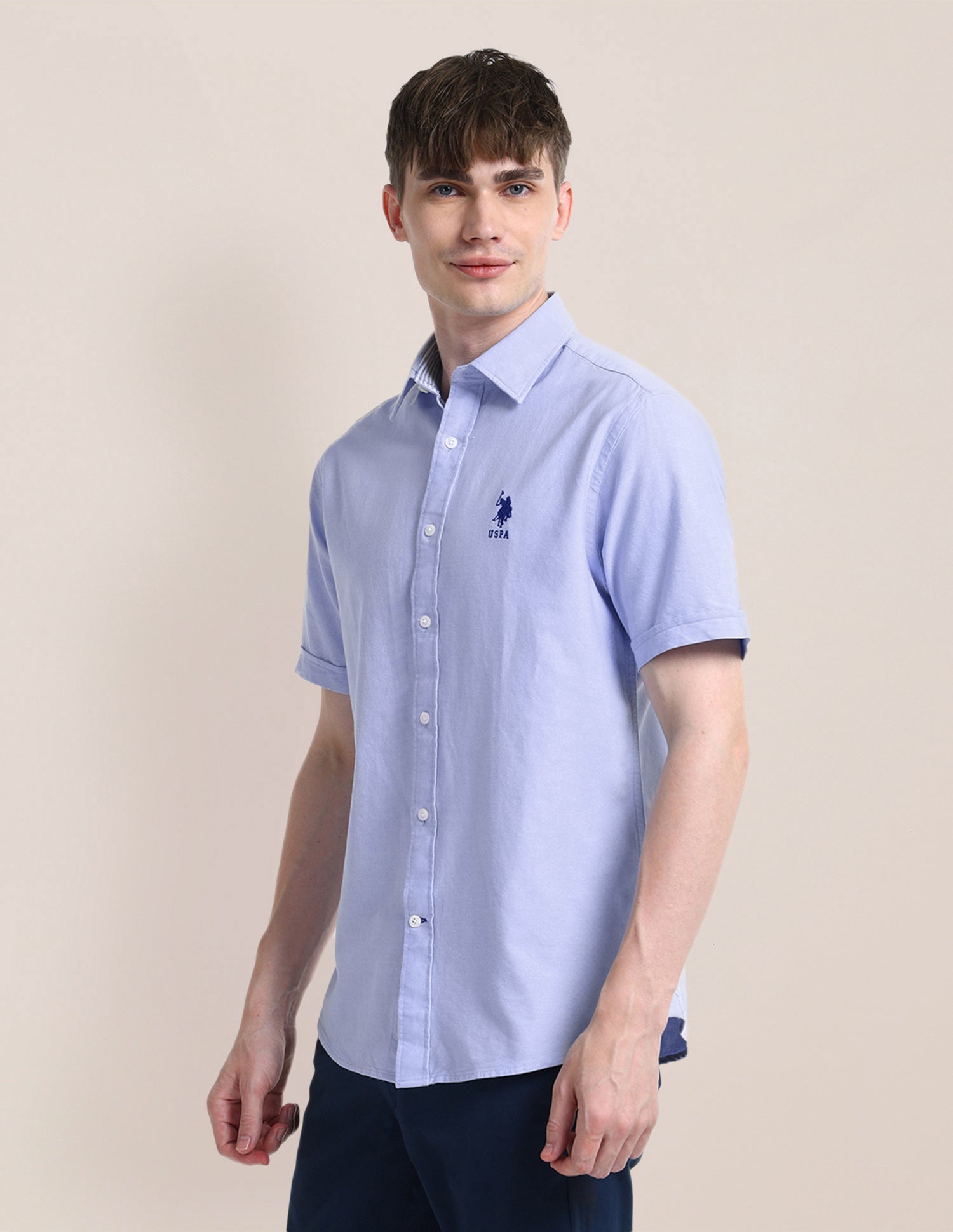 Button Down Collar Solid Formal Shirt Light-Blue - U.S. Polo Assn. India | Large