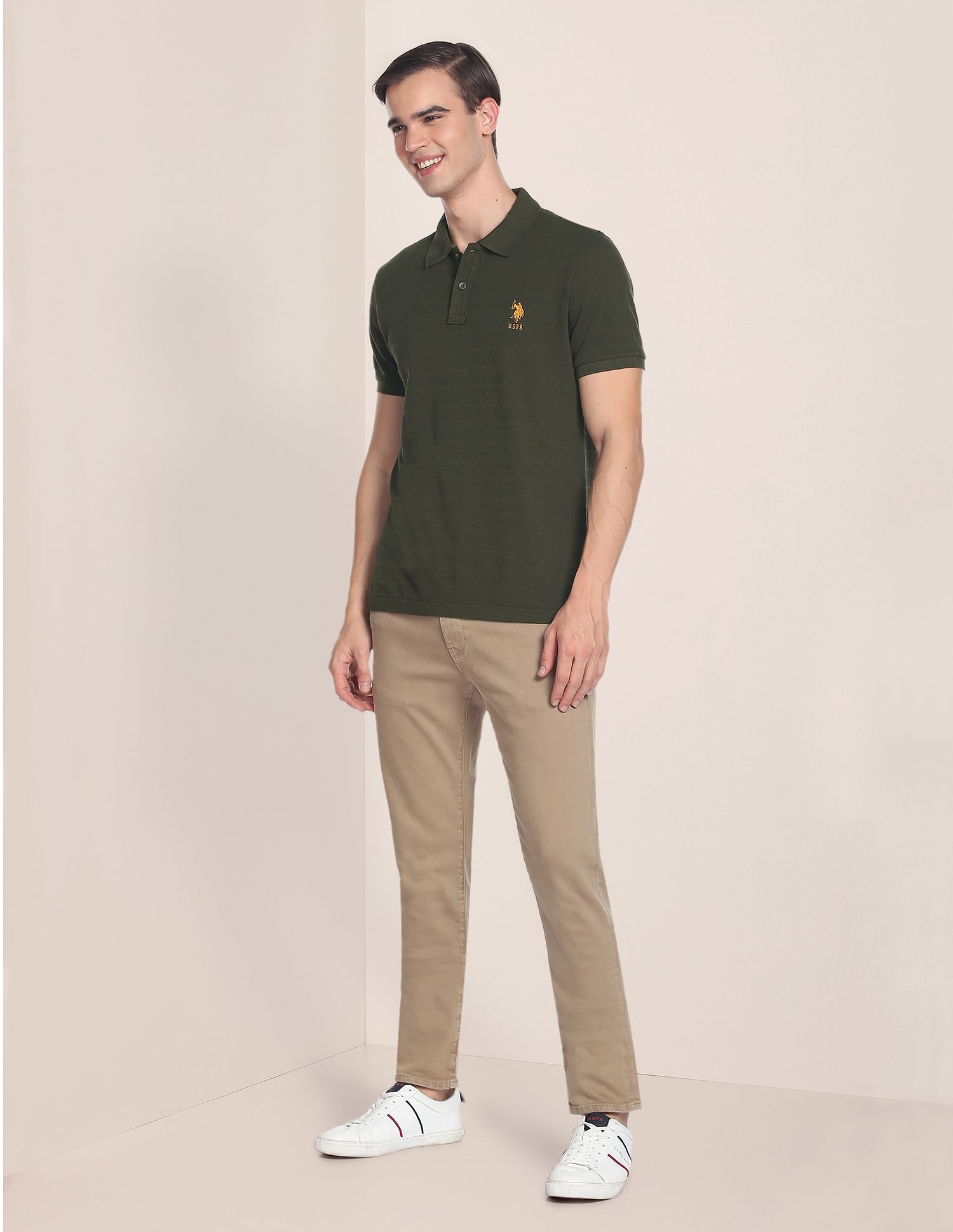 Horizontal Stripe Popcorn Polo Shirt Olive - U.S. Polo Assn. India | Large