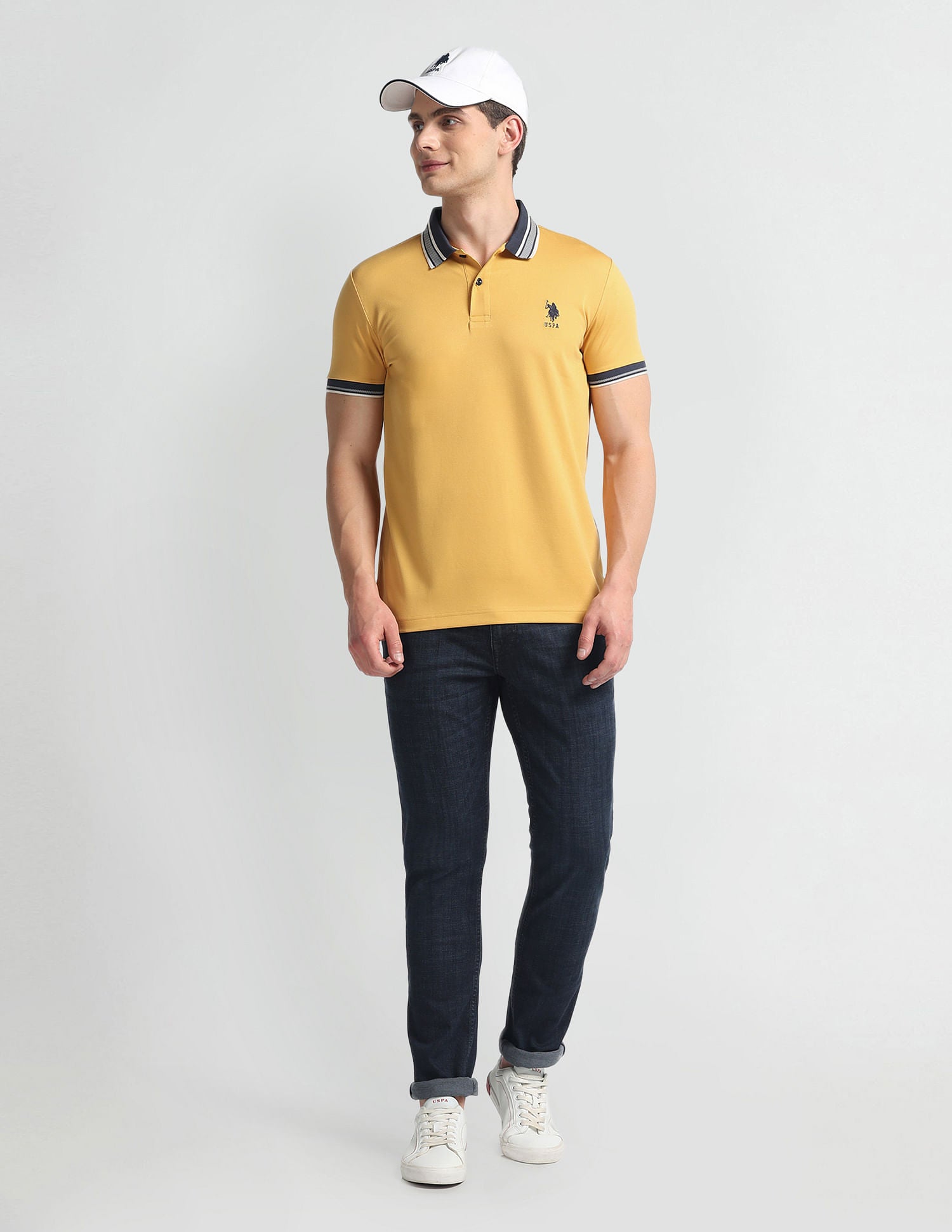 Striped Collar Muscle Fit Polo Shirt Mustard - U.S. Polo Assn. India | Large