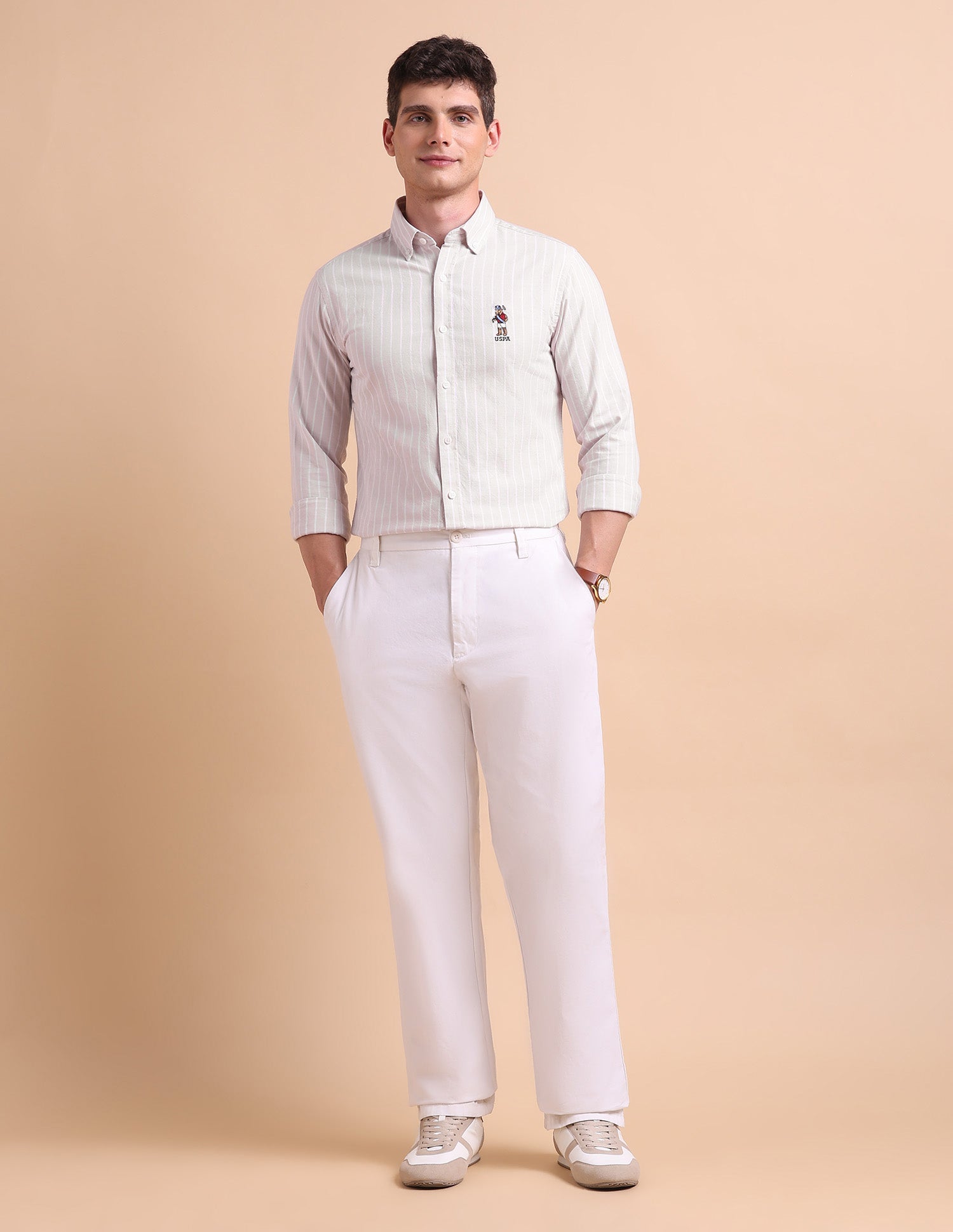Tailored Fit Vertical Striped Formal Shirt Beige - U.S. POLO ASSN. | Large