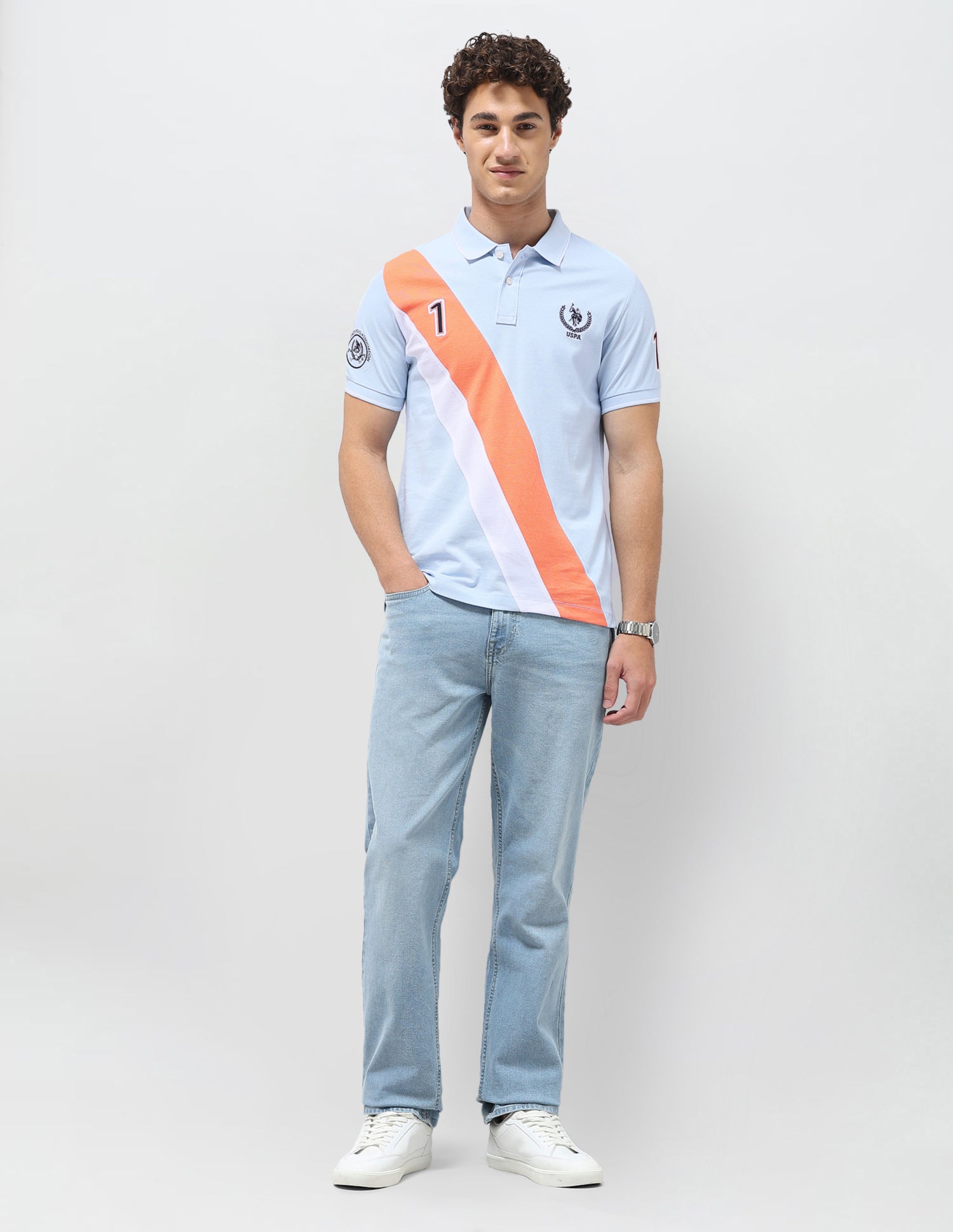 Diagonal Colorblocked Brand Embroidered Polo Shirt Light Blue - U.S. Polo Assn. India | Large