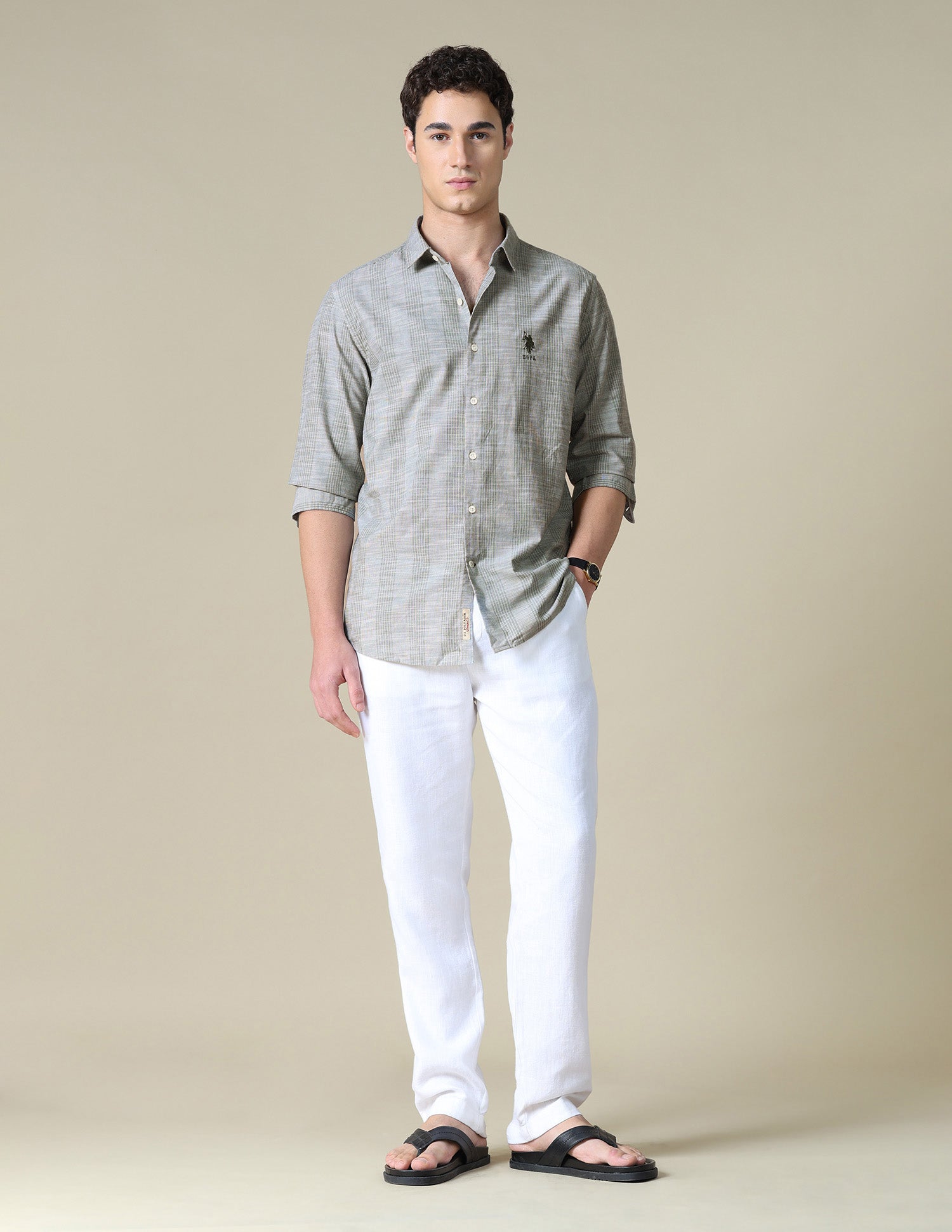 Vertical Striped Regular Fit Shirt Light Olive - U.S. Polo Assn. India | Large