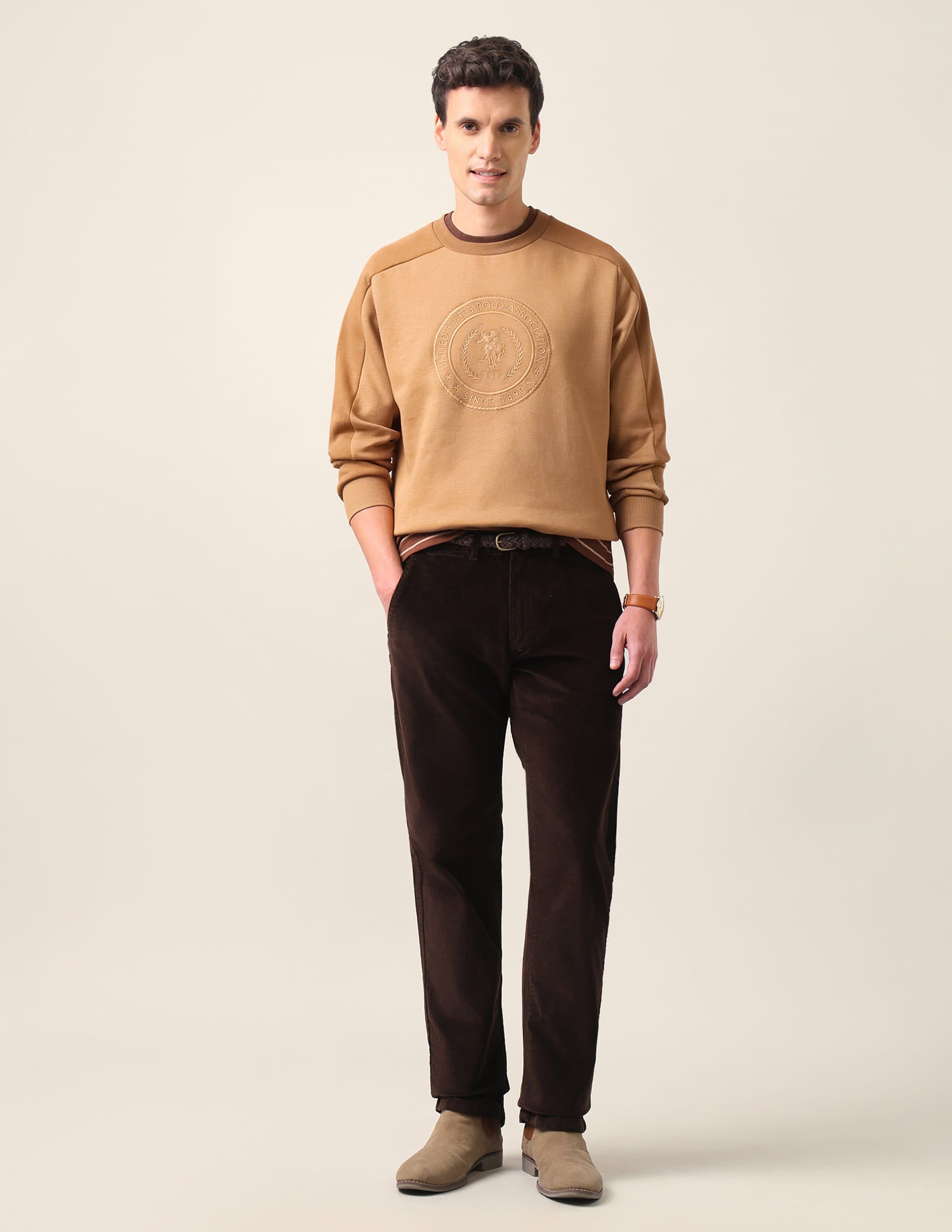 Crew Neck Embroidered Sweatshirt Brown - U.S. Polo Assn. India | Large