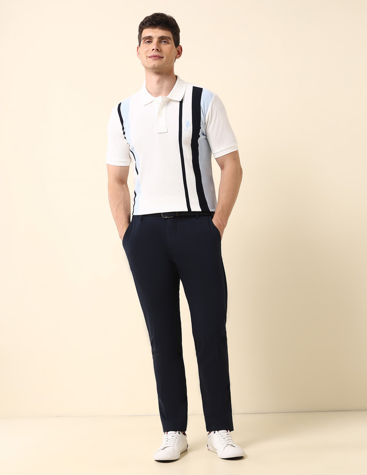 Vertical Striped Slim Fit Polo Shirt Off White - U.S. Polo Assn. India | Large