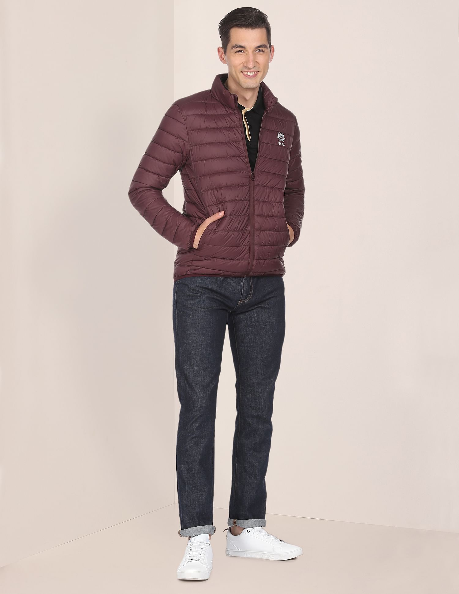High Neck Nylon Solid Puffer Jacket Maroon - U.S. POLO ASSN. | Large