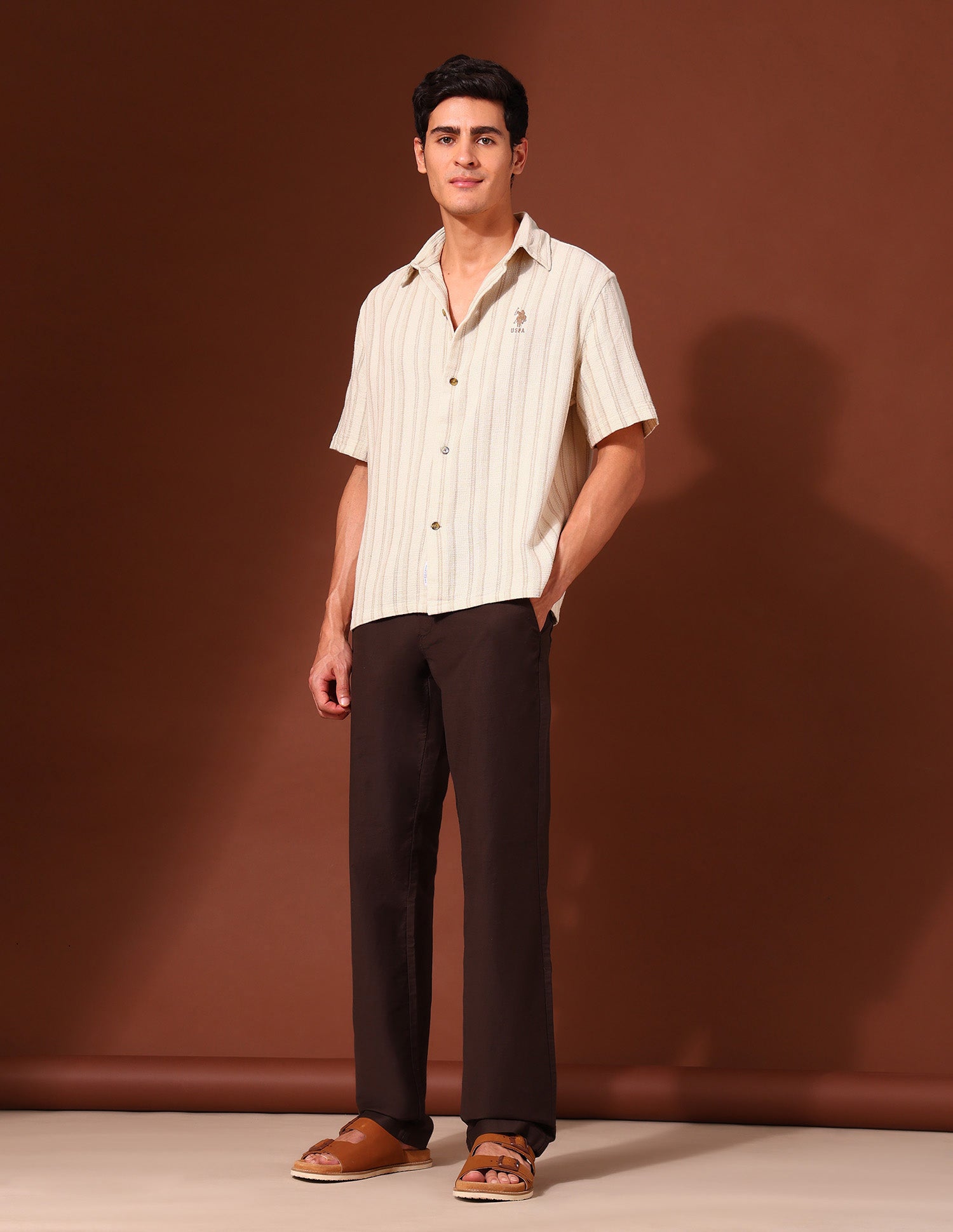 Vertical Striped Pure Cotton Shirt Beige - U.S. Polo Assn. India | Large