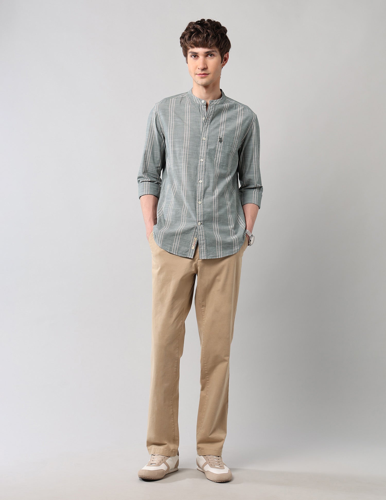 Pure Cotton Regular Fit Mandarin Shirt Green - U.S. Polo Assn. India | Large