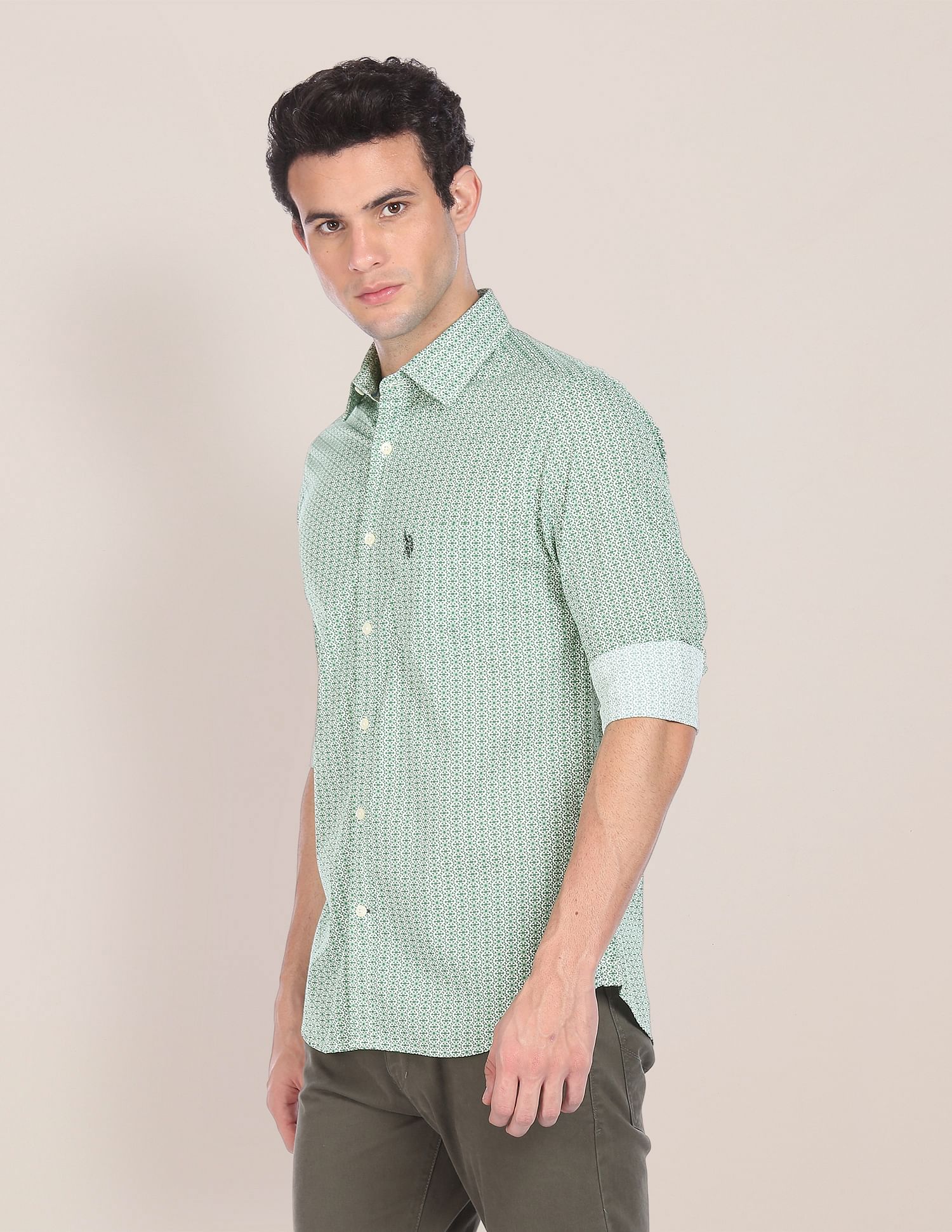 Men Green Spread Collar Printed Casual Shirt Green - U.S. POLO ASSN. | Large