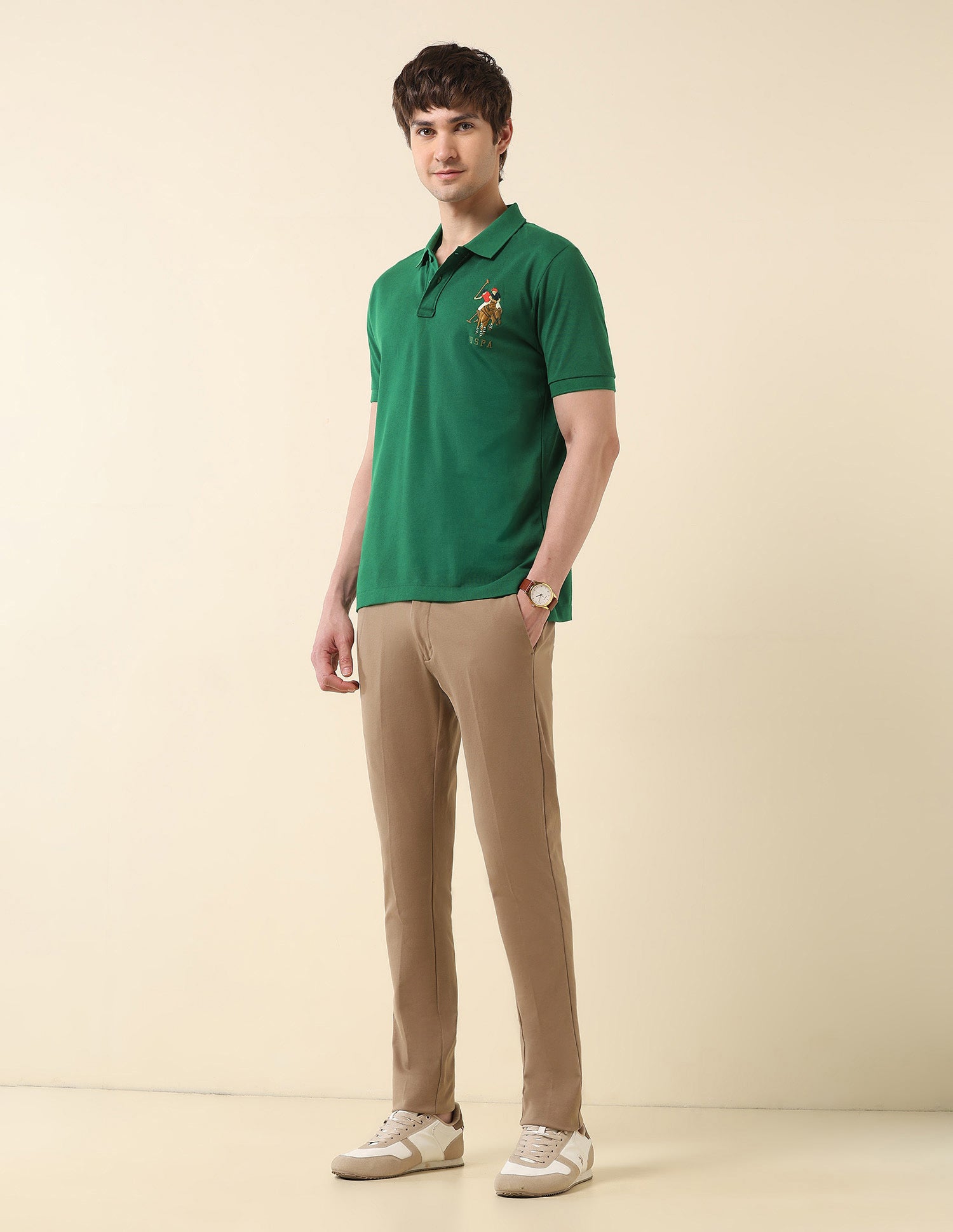 Brand Embroidered Modern Monochrome Polo Shirt Green - U.S. Polo Assn. India | Large