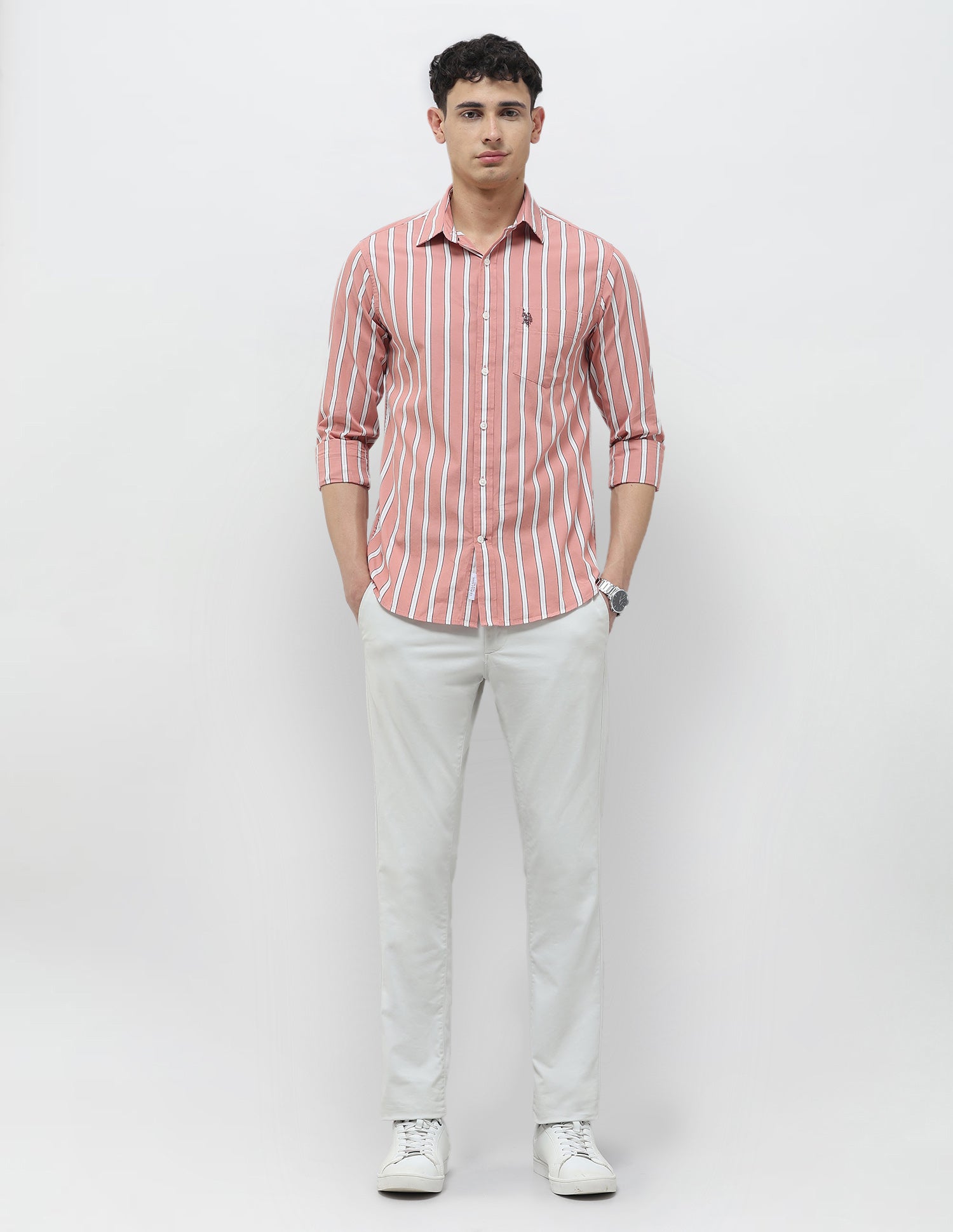 Vertical Striped Tailored Fit Shirt Peach - U.S. Polo Assn. India | Large