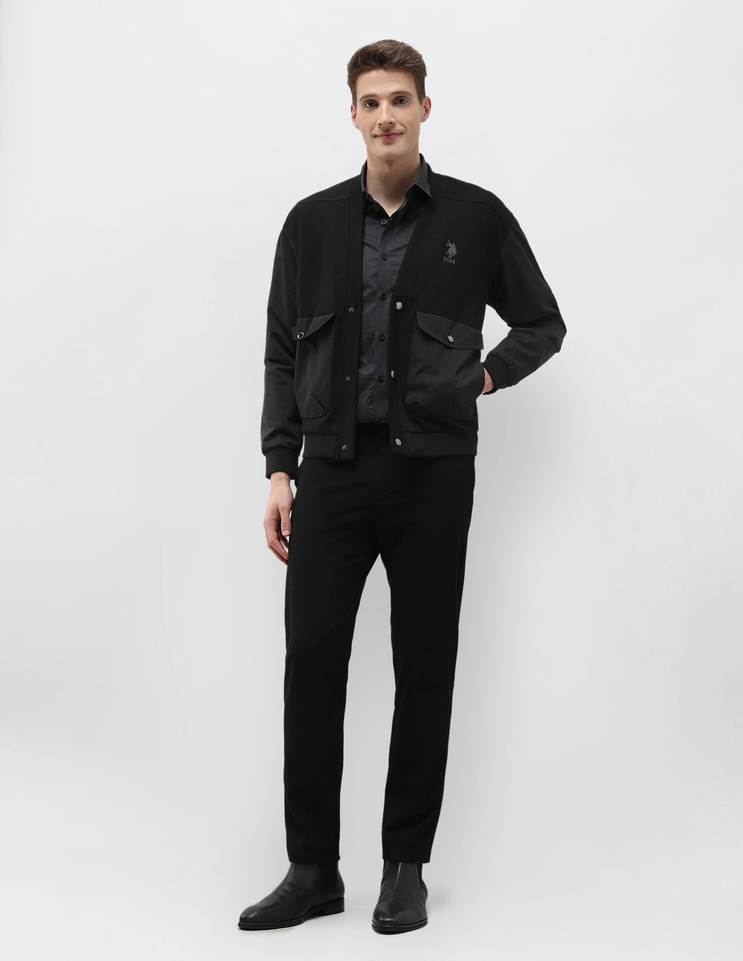 Solid Regular Fit Bomber Jacket Black - U.S. Polo Assn. India | Large