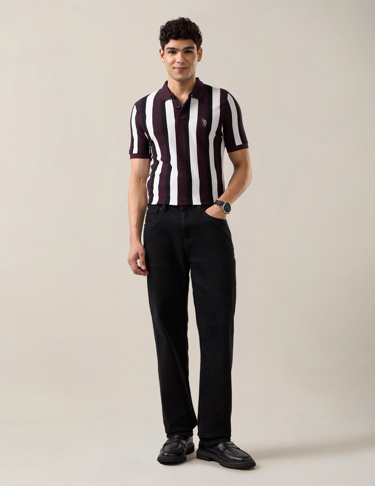 Vertical Striped Slim Fit Polo Shirt Wine - U.S. Polo Assn. India | Large