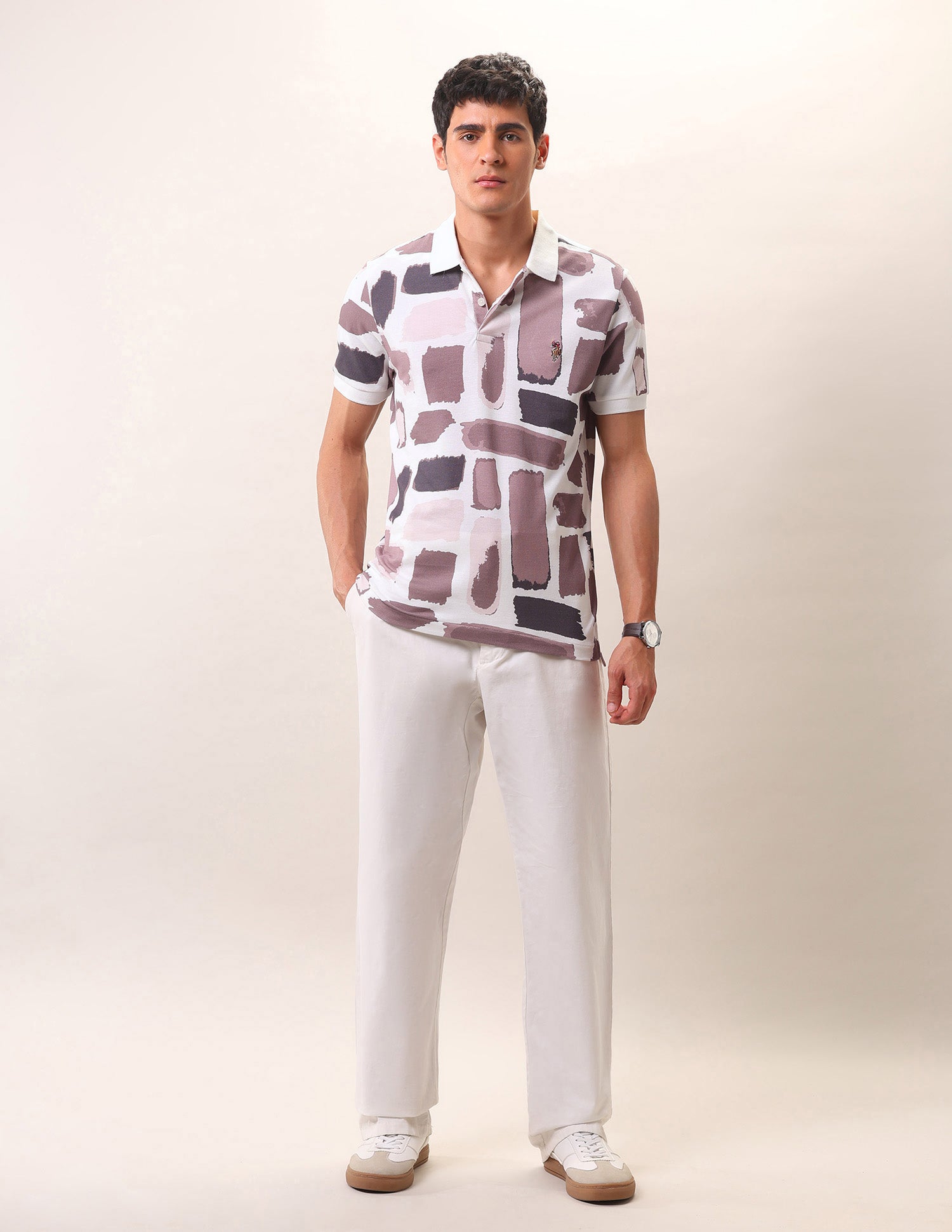 Abstract Printed Pure Cotton Polo Shirt Ivory - U.S. Polo Assn. India | Large