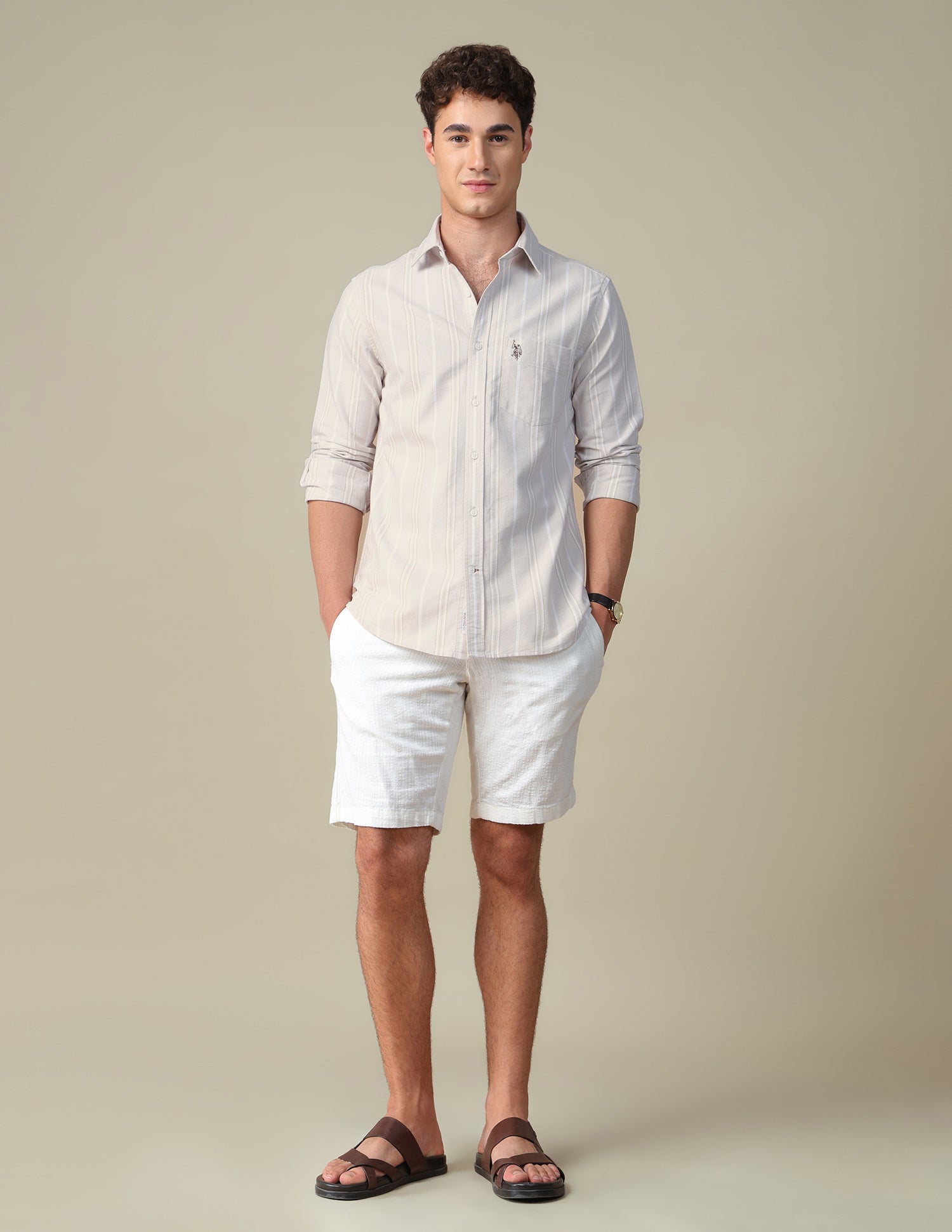 Vertical Striped Oxford Shirt Beige - U.S. Polo Assn. India | Large