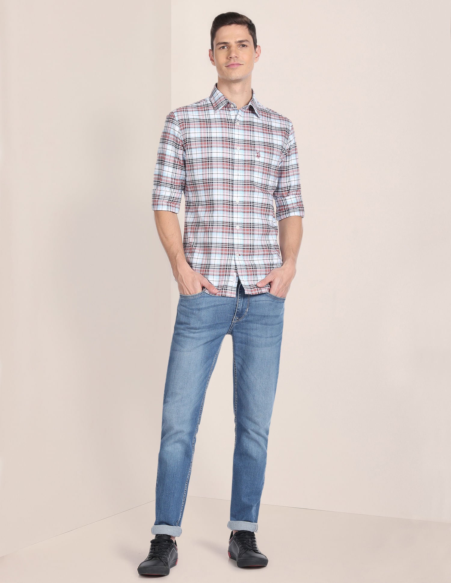 Spread Collar Plaid Check Shirt White and Rust - U.S. POLO ASSN. | Large