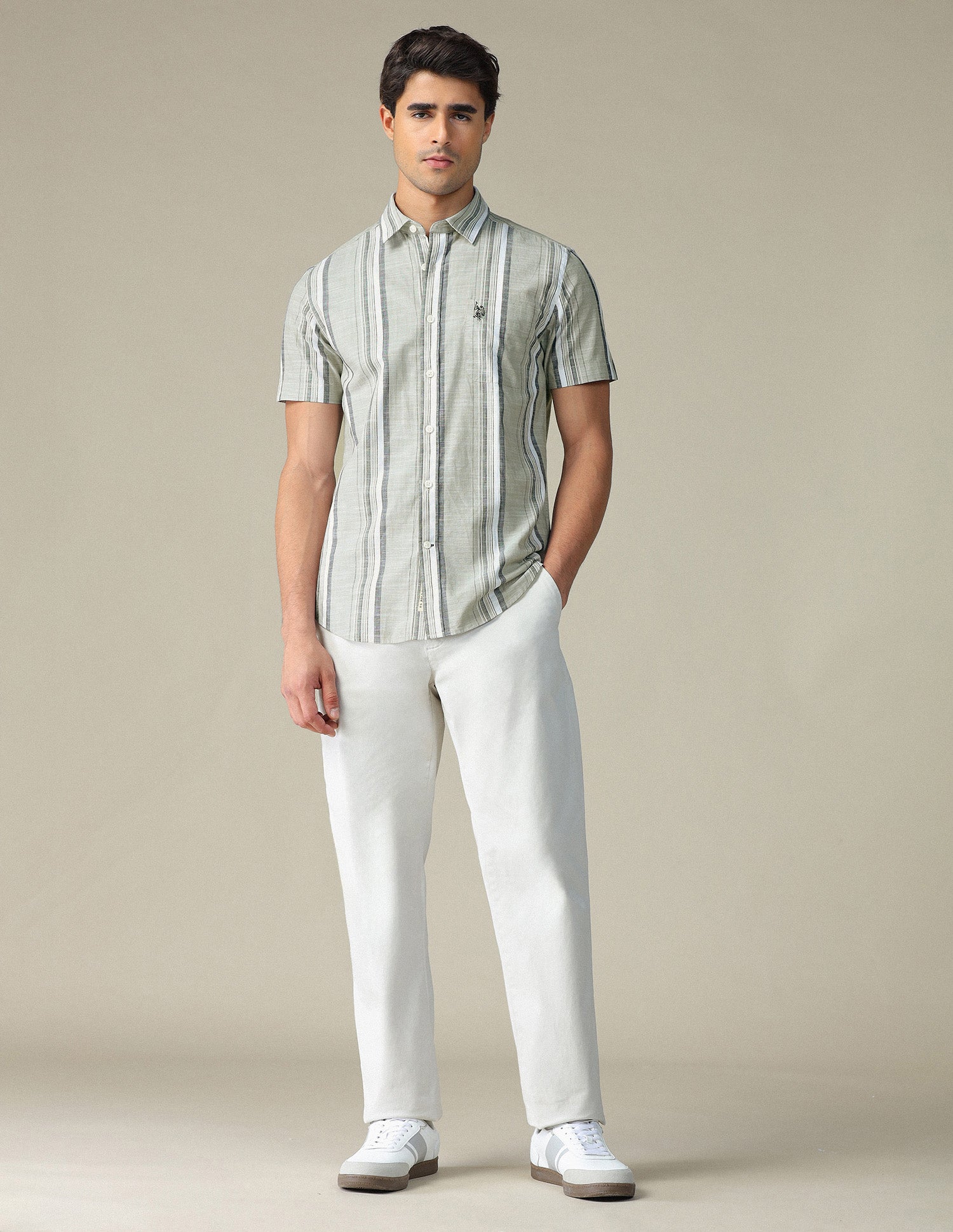 Vertical Striped Pure Cotton Shirt Green - U.S. POLO ASSN. | Large