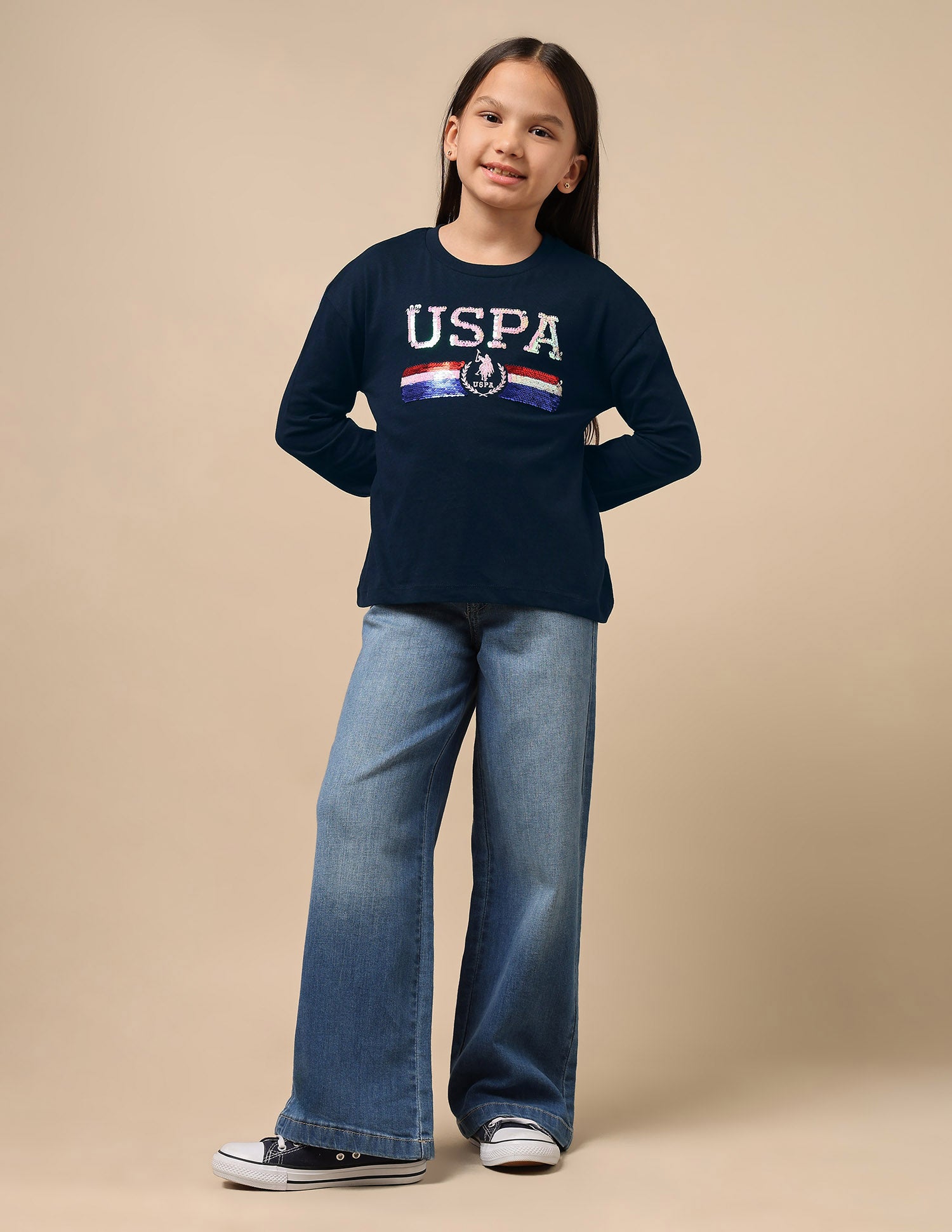 Girls Flip Sequin Cotton T-Shirt Navy - U.S. Polo Assn. India | Large
