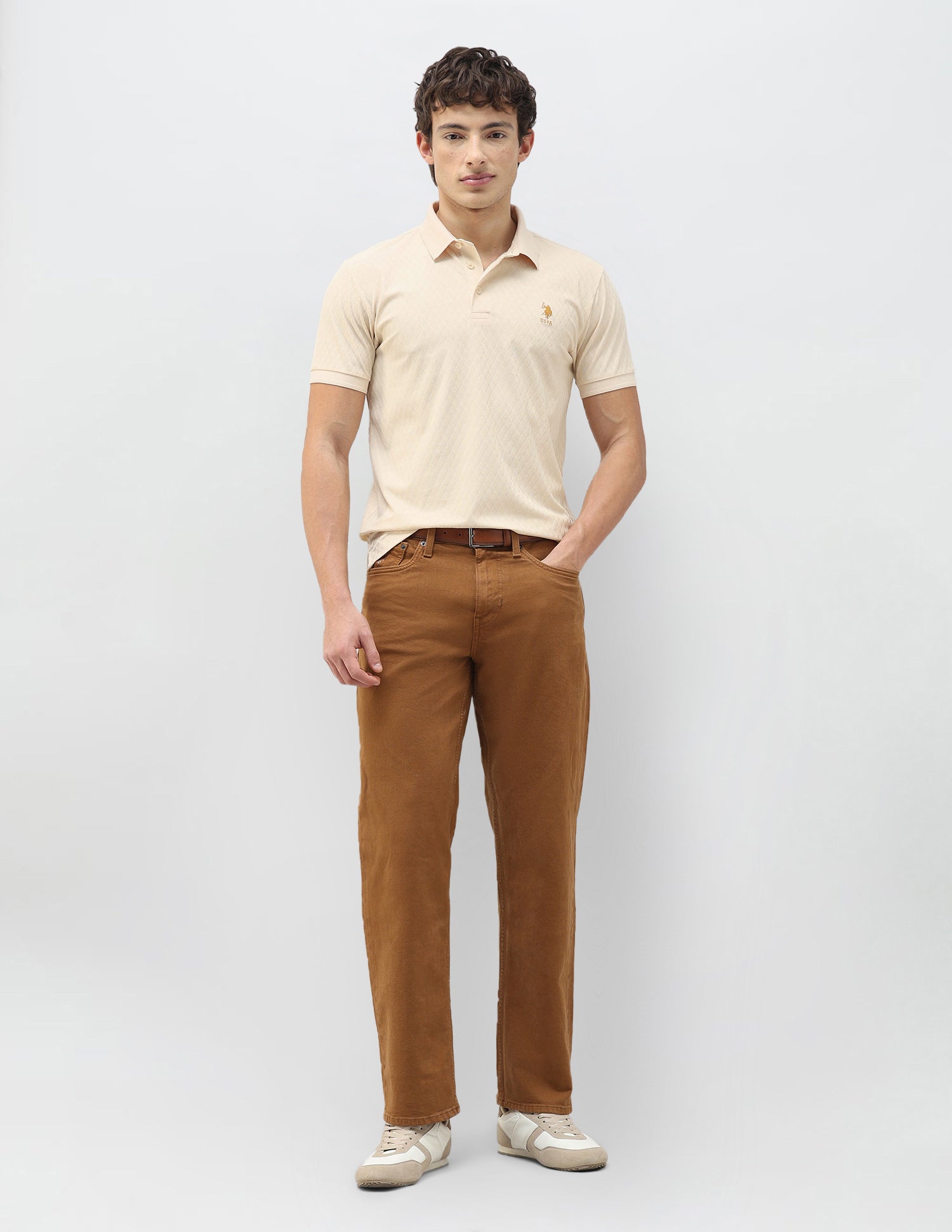 Geometric Patterned Knit Slim Fit Polo Shirt Beige - U.S. Polo Assn. India | Large