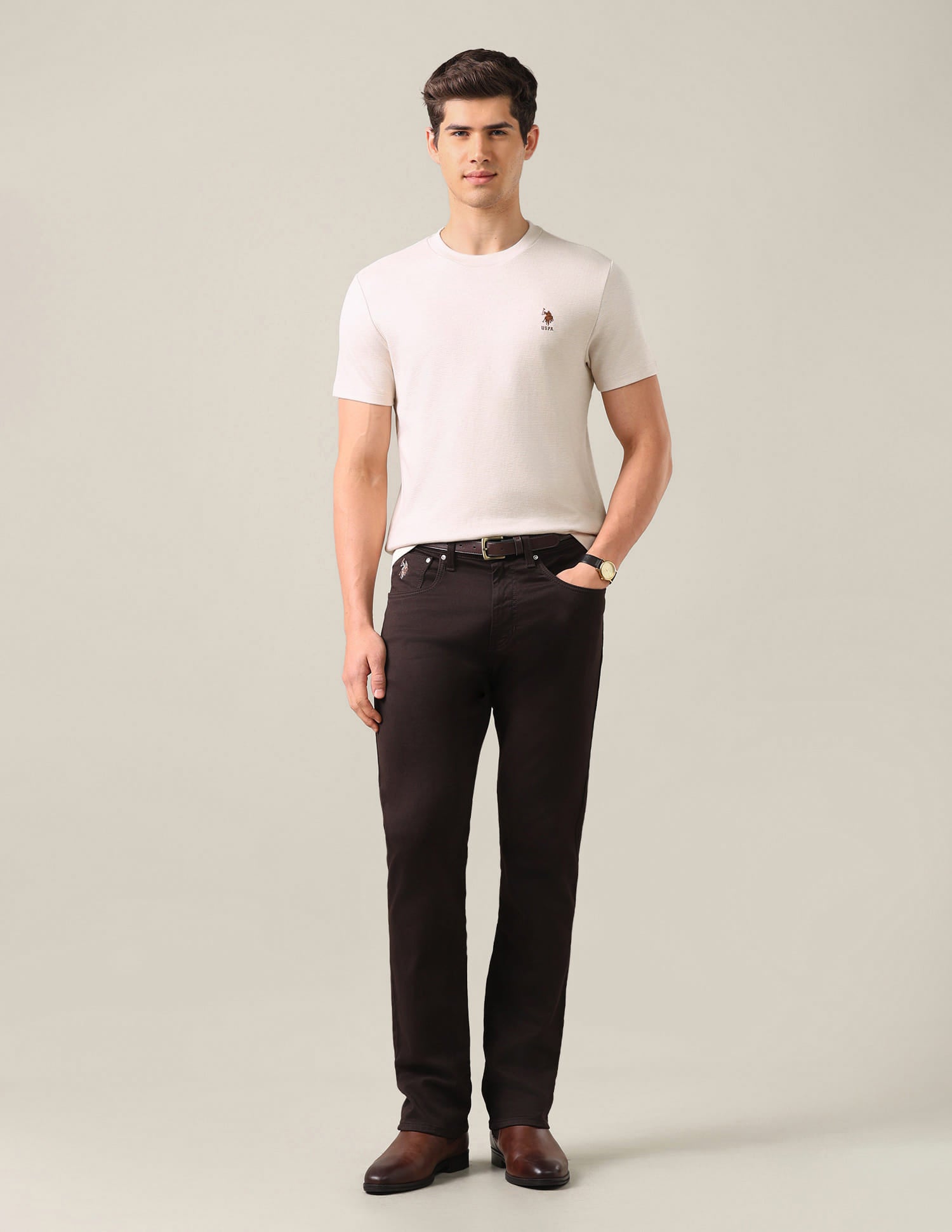 Solid Slim Fit T-Shirt Beige - U.S. Polo Assn. India | Large