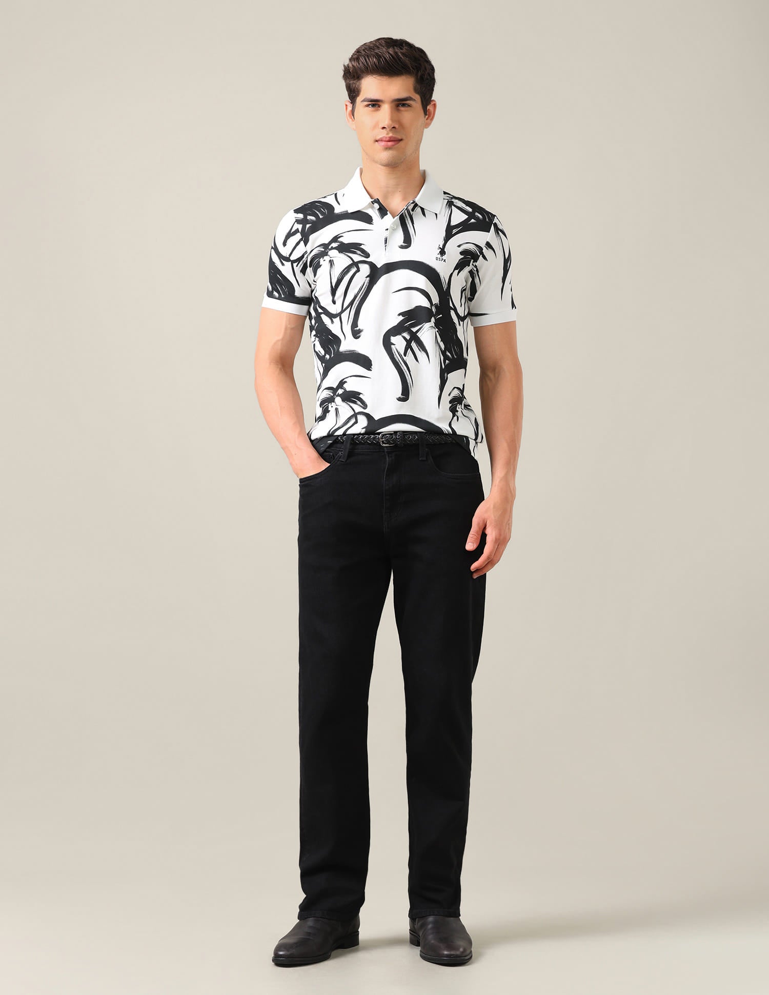 Abstract Printed Slim Fit Polo Shirt Black - U.S. Polo Assn. India | Large