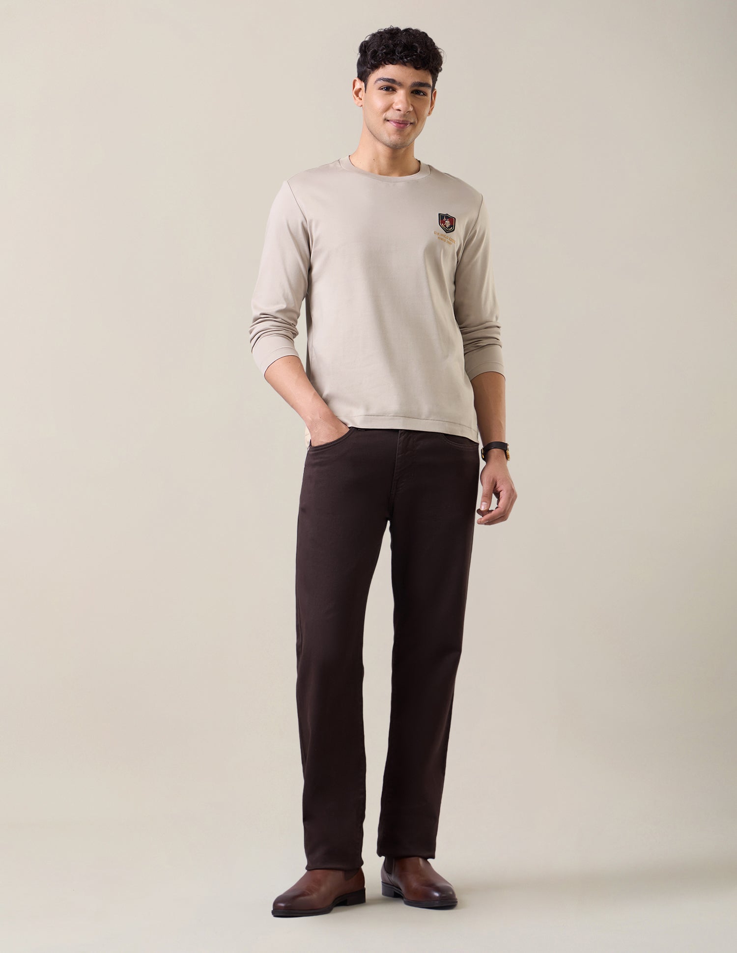Solid Slim Fit T-Shirt Beige - U.S. Polo Assn. India | Large